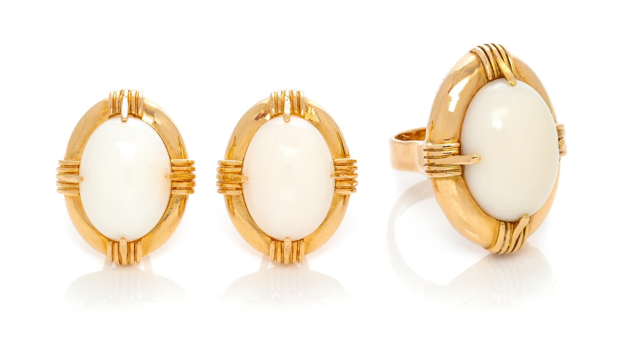 A 14 Karat Yellow Gold and White Coral Demi-Parure, Gumps, 17.80 dwts.