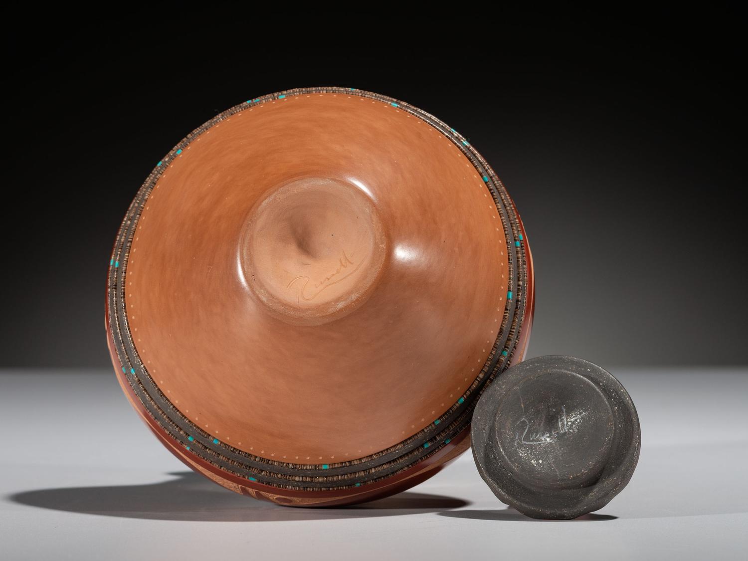 Red, Black, and Sienna Lidded Pottery Jar