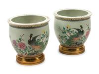 A Pair of Chinese Porcelain Jardinieres with Gilt Bronze Bases