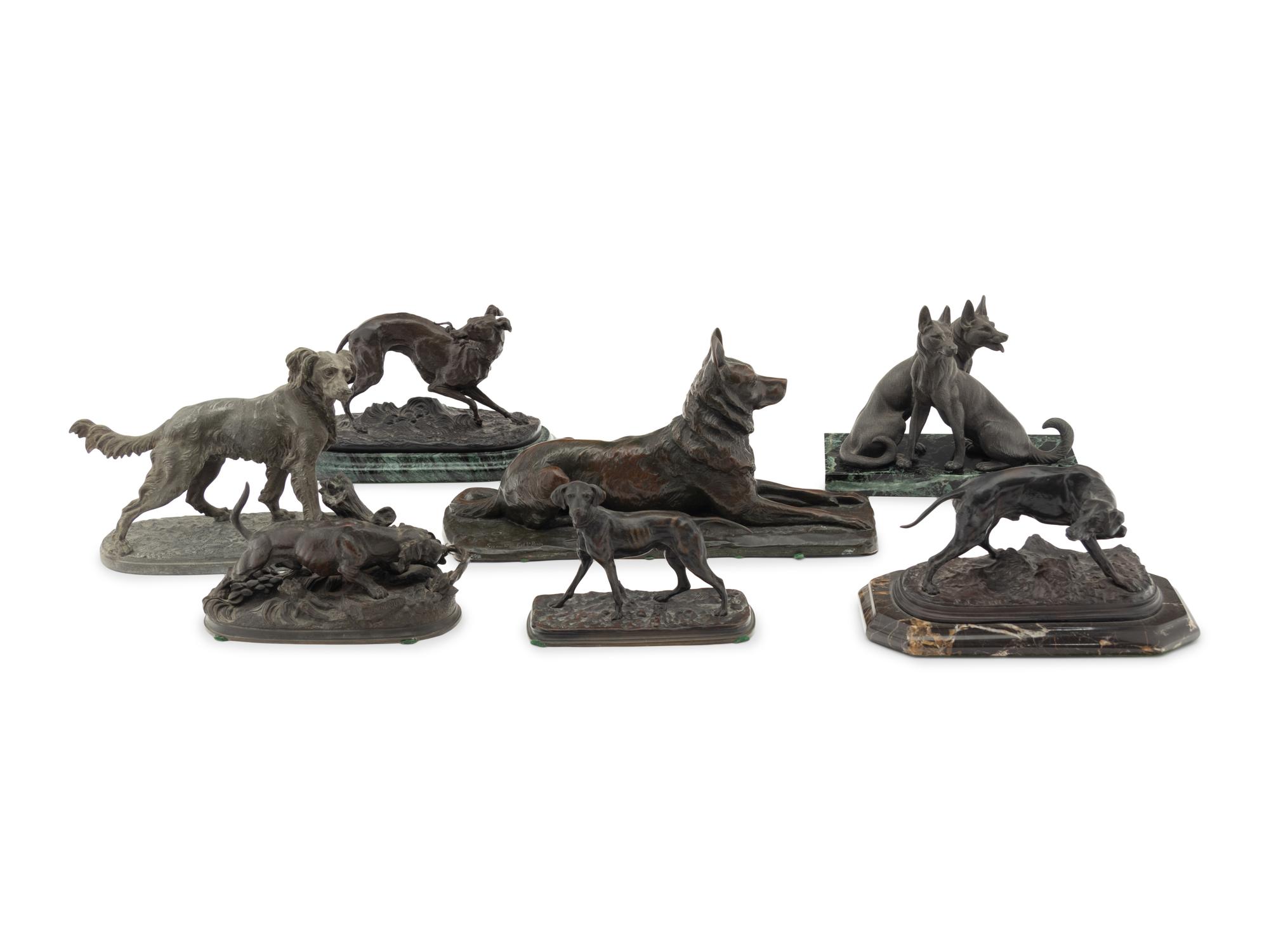 A Group of Seven French Bronze and Patinated Metal Animalier Groups