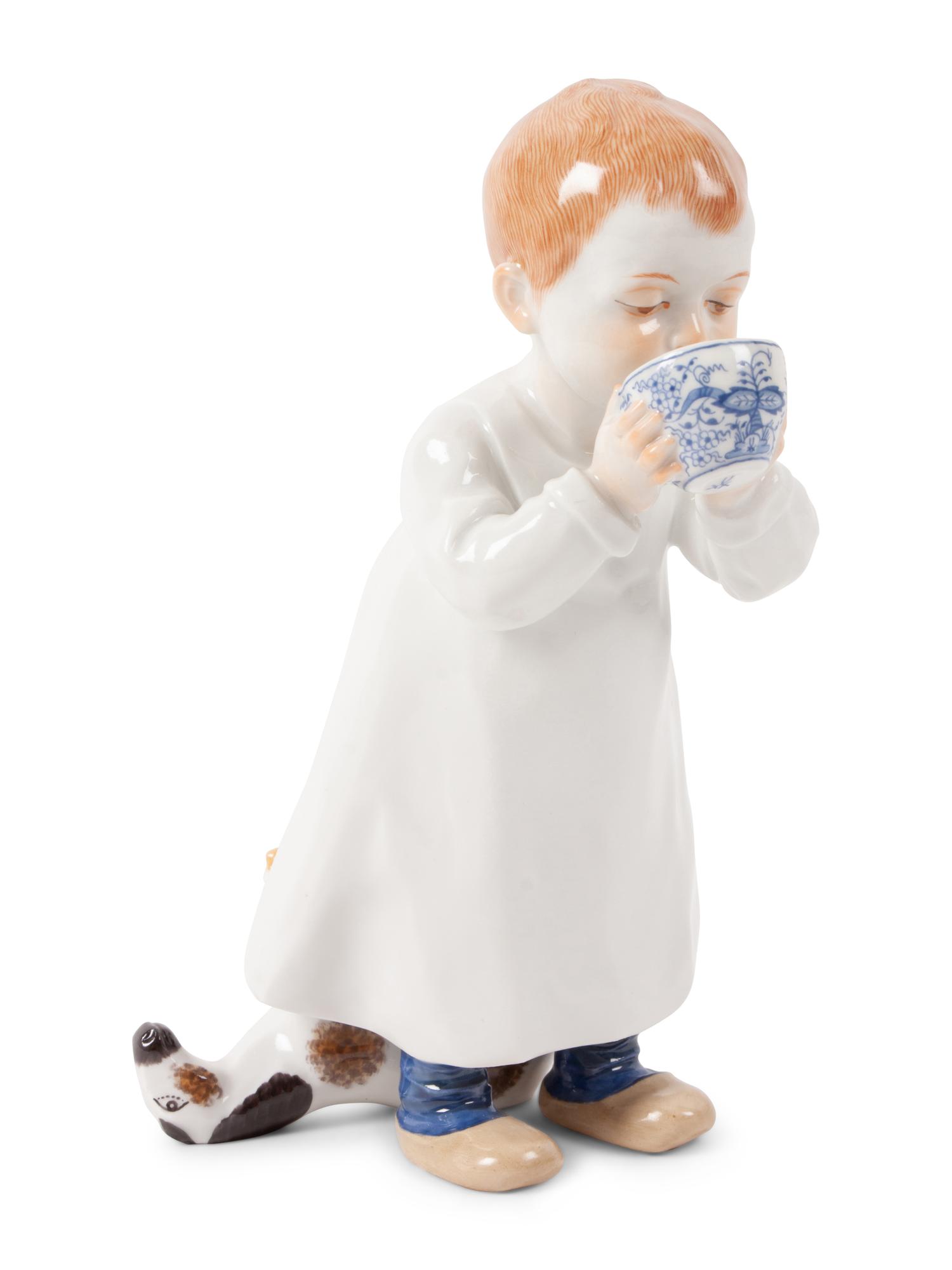 A Meissen Porcelain Figure of a Boy Drinking From Cup, by Konrad Hentschel
