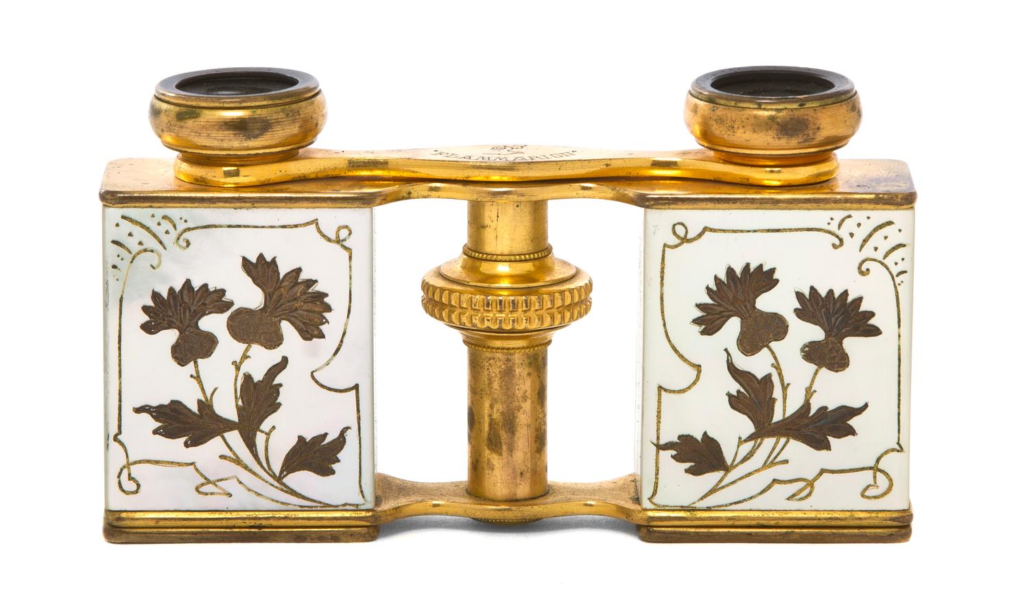 A Pair of Mother-of-Pearl Inset Opera Glasses, Flammarion, Width 3 3/4 inches.