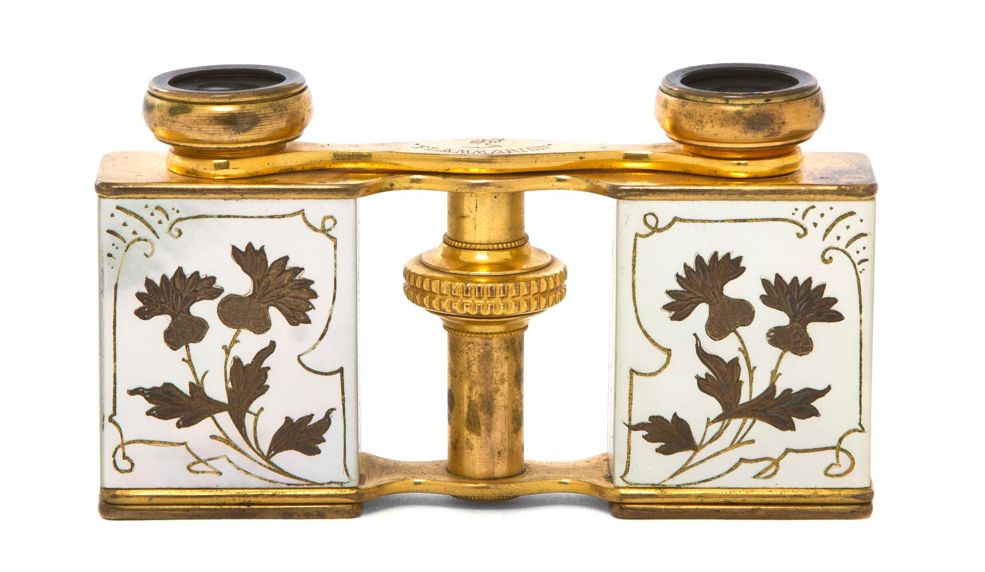 A Pair of Mother-of-Pearl Inset Opera Glasses, Flammarion, Width 3 3/4 inches.