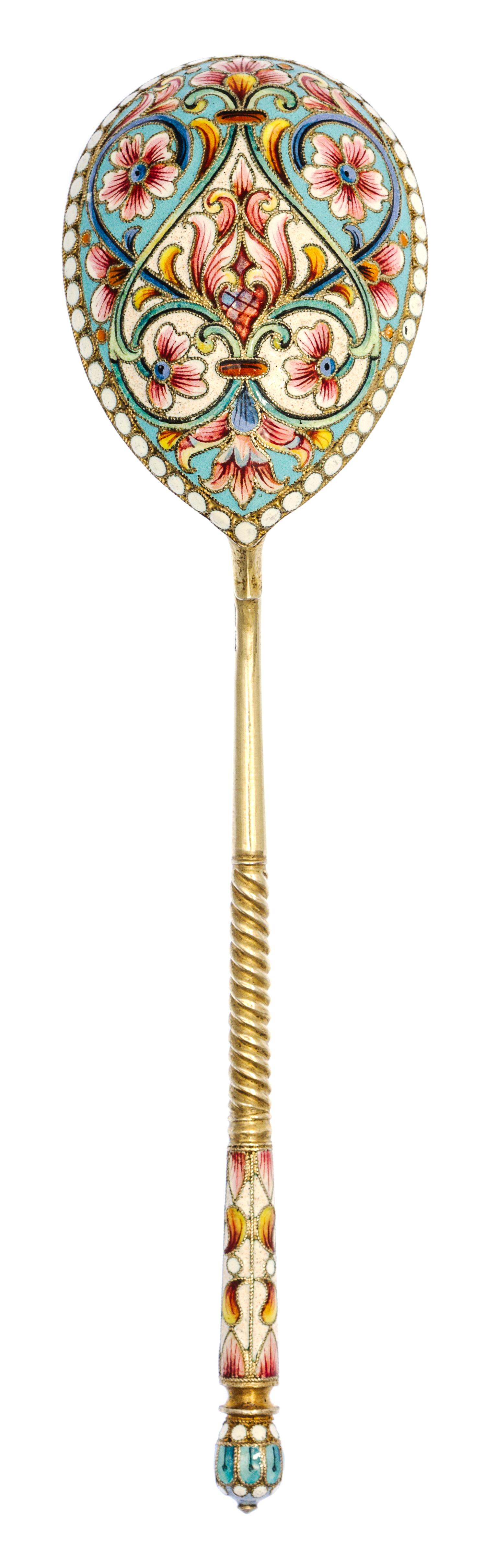 A Russian Silver-Gilt and Enamel Serving spoon, Mark likely of Yakov Borisov, kokoshnik mark of Ivan Lebedkin, Moscow, late 19th/early