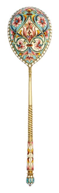 A Russian Silver-Gilt and Enamel Serving spoon, Mark likely of Yakov Borisov, kokoshnik mark of Ivan Lebedkin, Moscow, late 19th/early