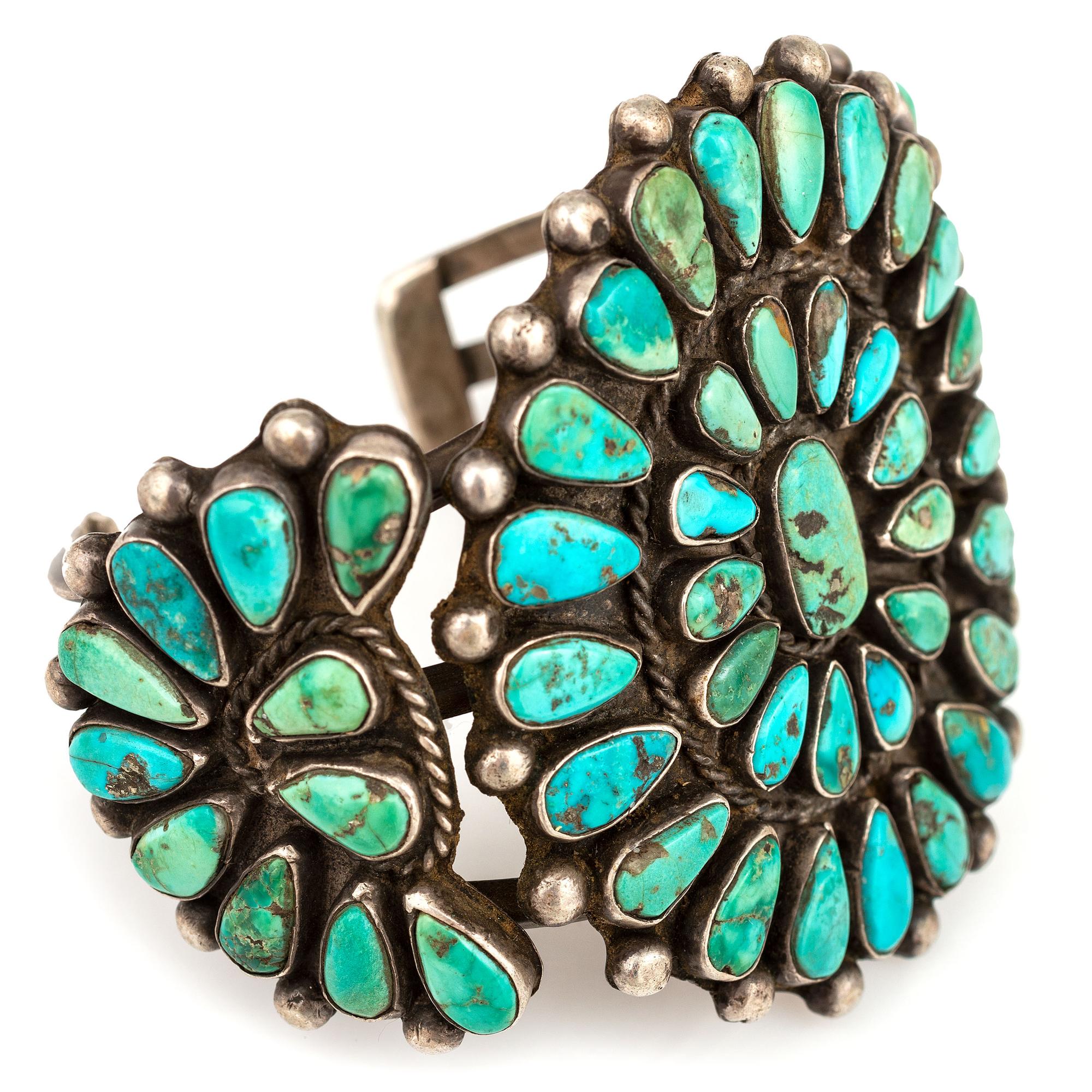 Navajo or Zuni Silver and Turquoise Cluster Cuff Bracelet