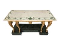 A Palladian Revival Giltwood, Inlaid Marble and Faux Marble-Painted Console Table
