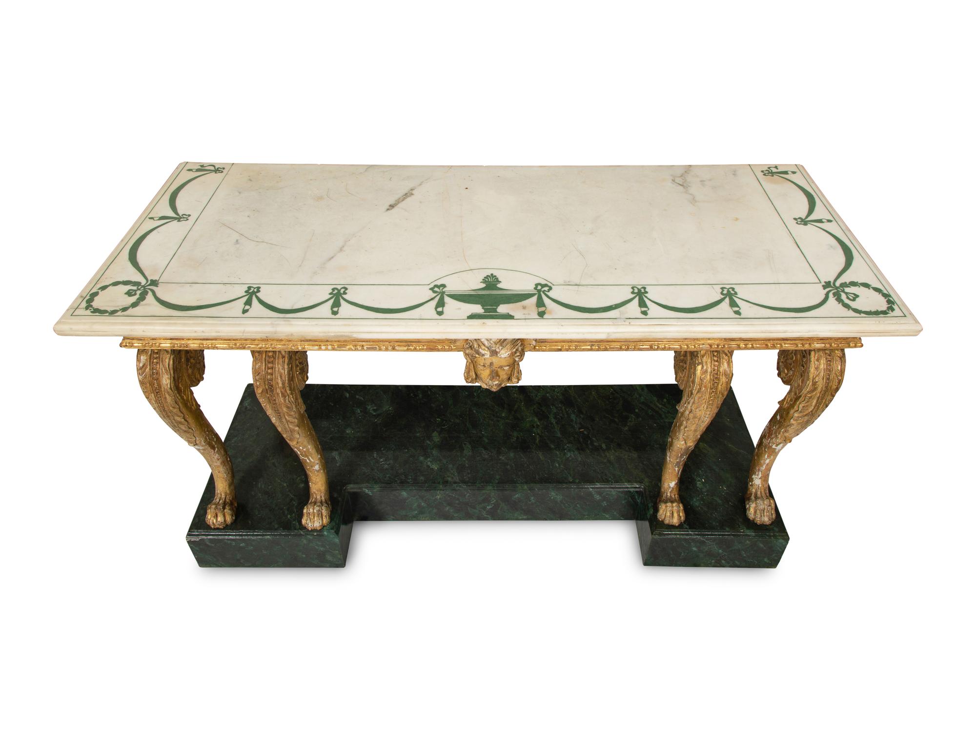 A Palladian Revival Giltwood, Inlaid Marble and Faux Marble-Painted Console Table