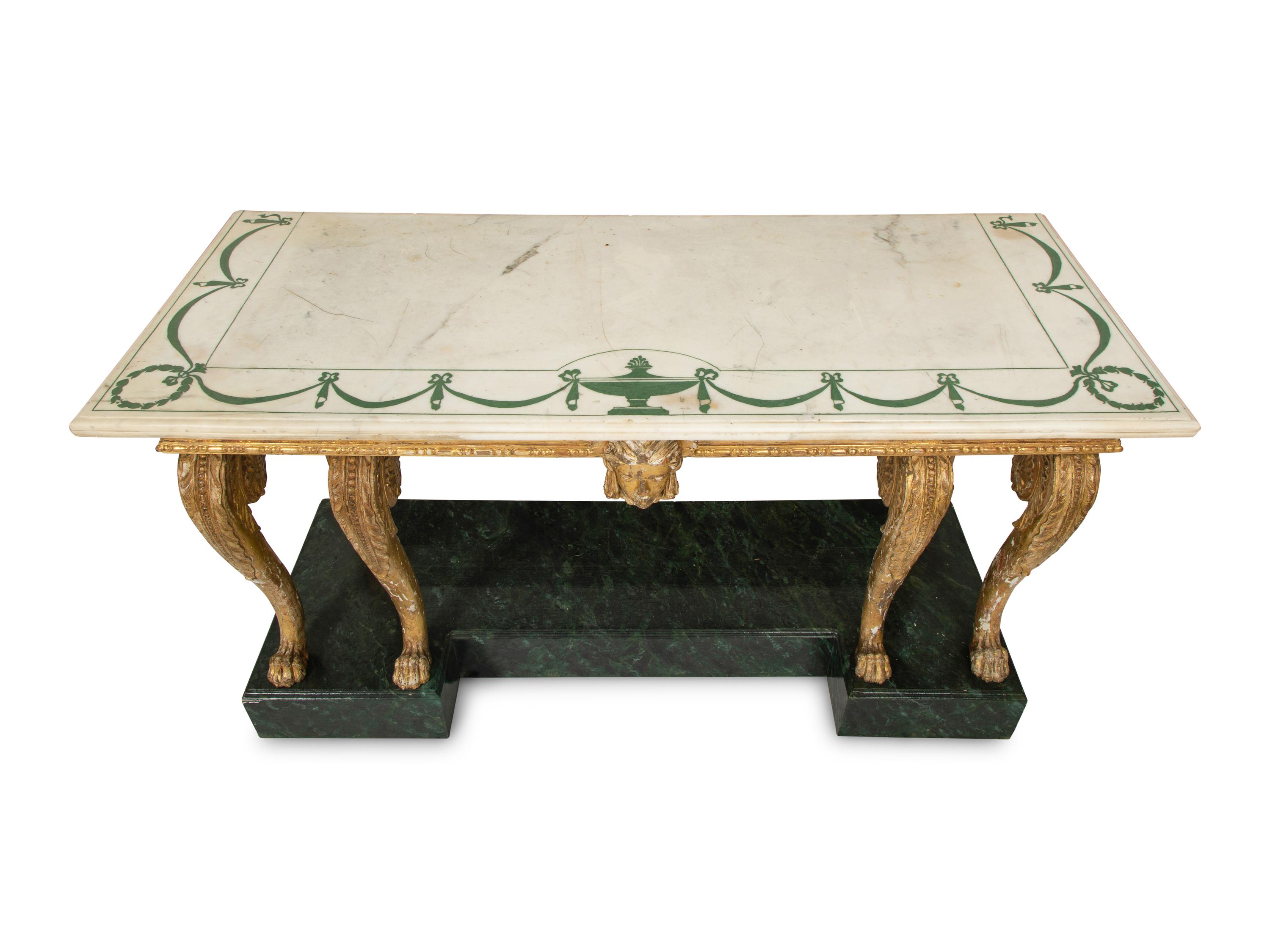 A Palladian Revival Giltwood, Inlaid Marble and Faux Marble-Painted Console Table