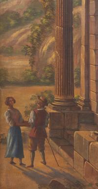 A Painted Canvas Three-Panel Floor Screen Depicting Ruins