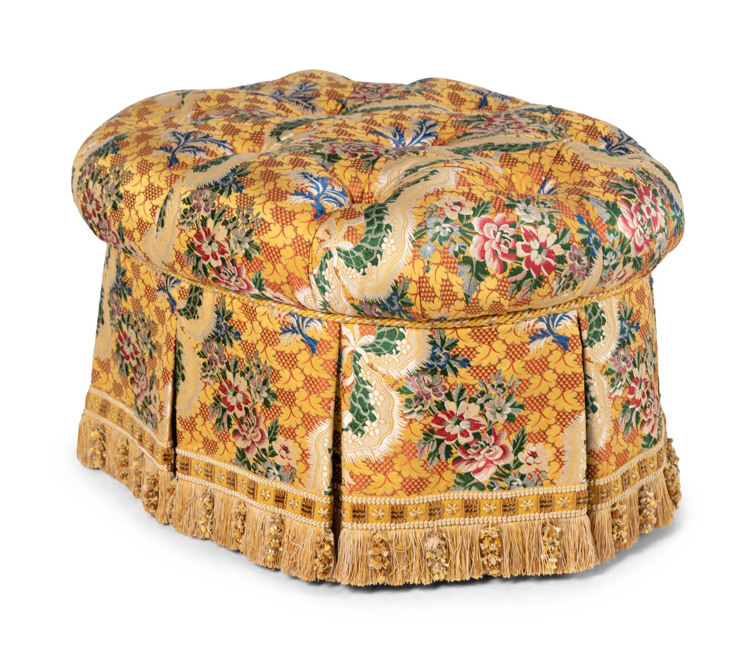 A Button-Tufted Ottoman with Jacquard Upholstery