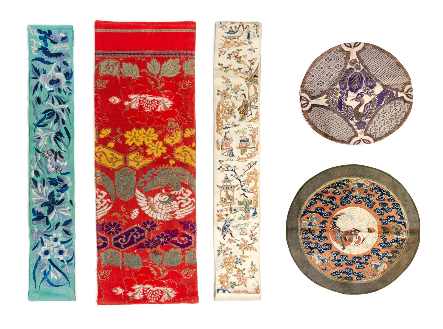 Seven Chinese Silk Textiles Length of fan 8 inches.