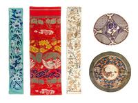 Seven Chinese Silk Textiles Length of fan 8 inches.