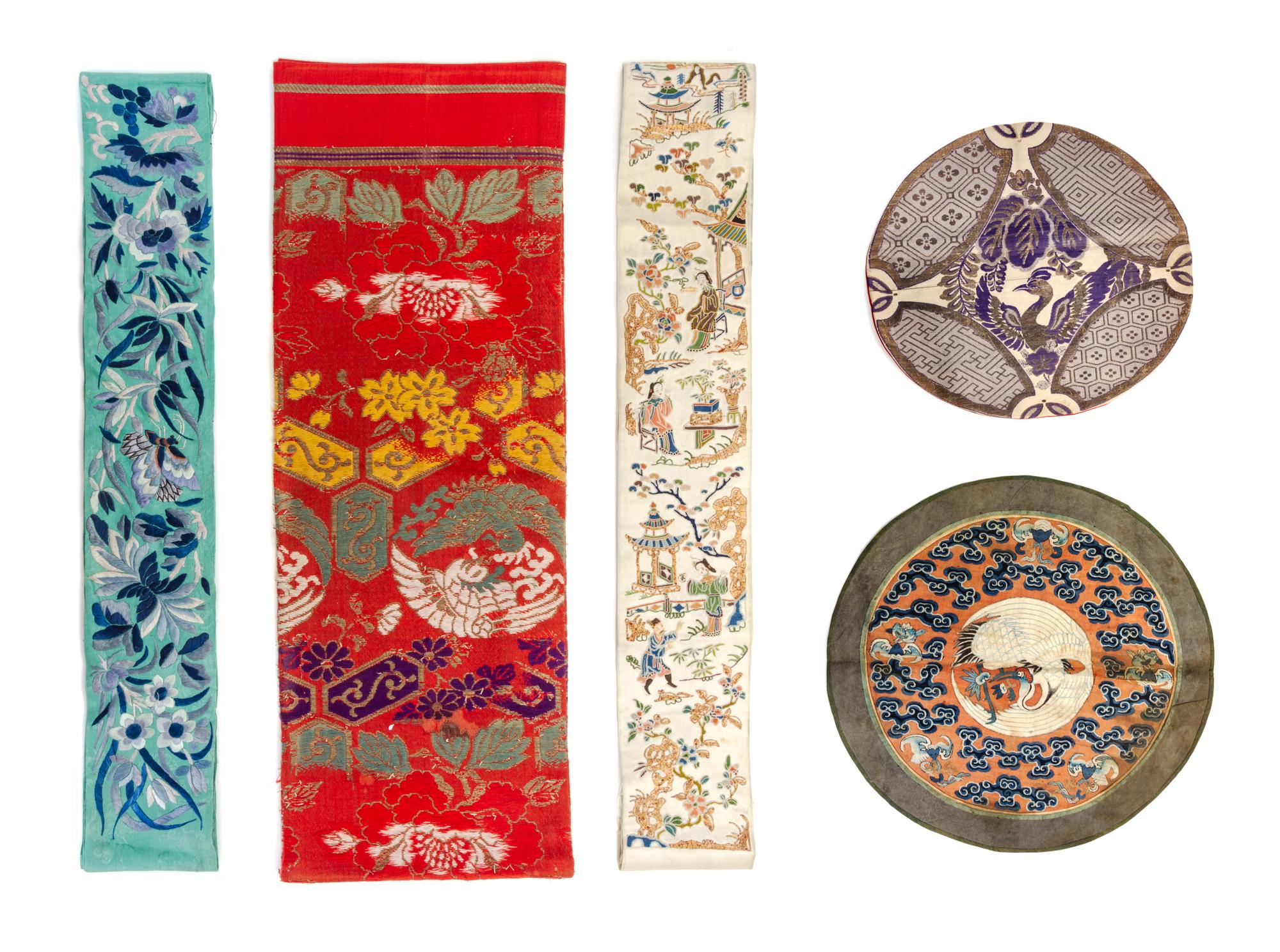 Seven Chinese Silk Textiles Length of fan 8 inches.