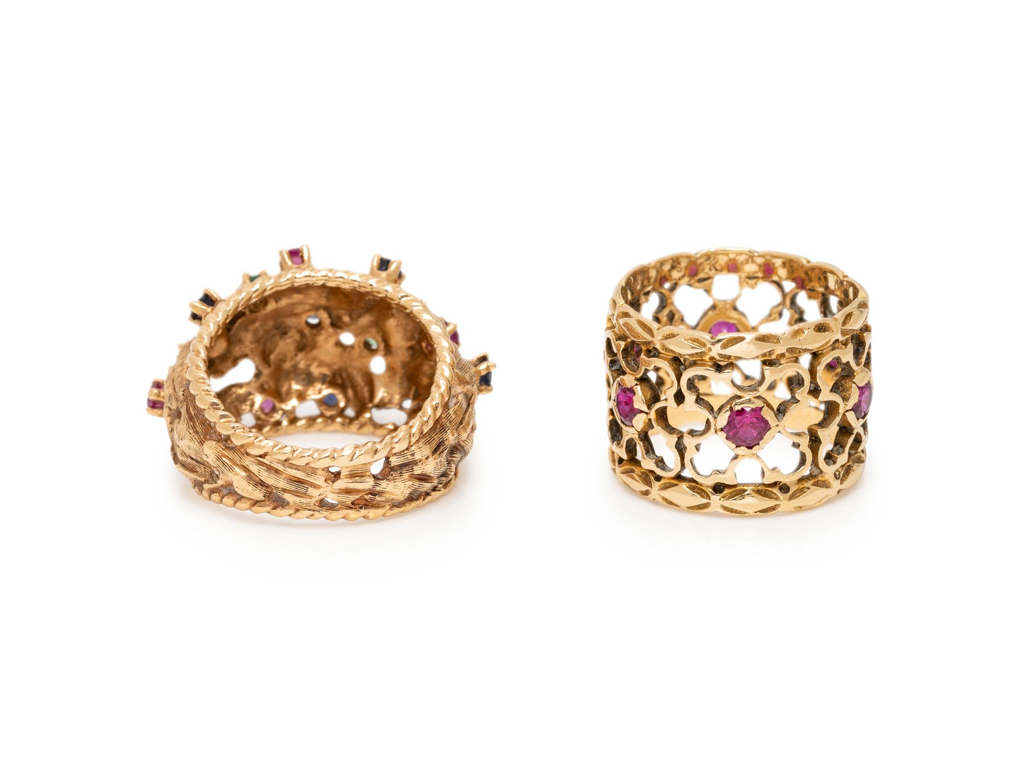PAIR OF YELLOW GOLD AND MULTIGEM RINGS