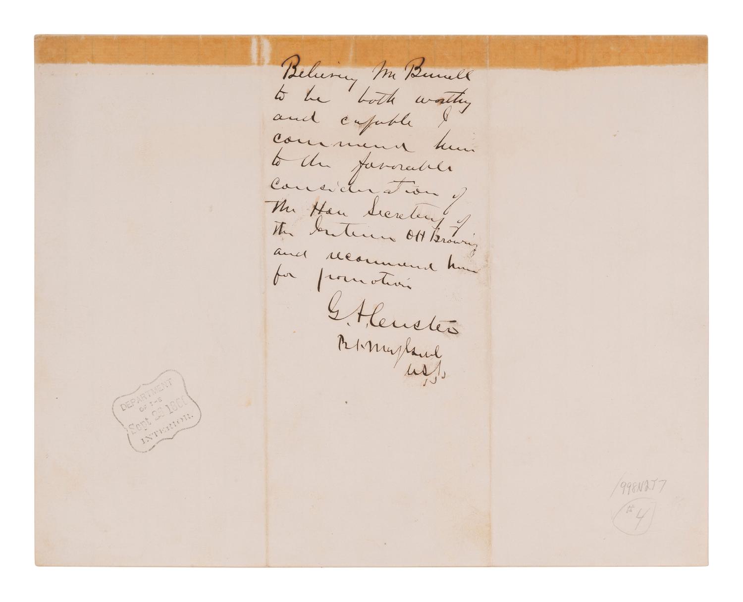 CUSTER, George Armstrong (1839-1876). Autograph endorsement signed ("G.A. Custer"), as Brevet Major General, U.S.A. [September 1866].