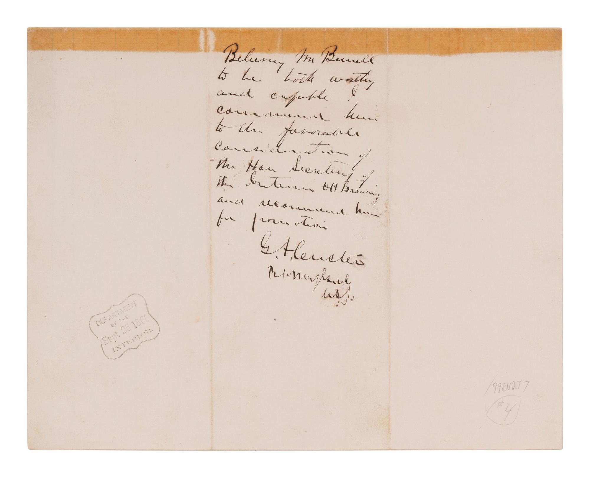 CUSTER, George Armstrong (1839-1876). Autograph endorsement signed ("G.A. Custer"), as Brevet Major General, U.S.A. [September 1866].