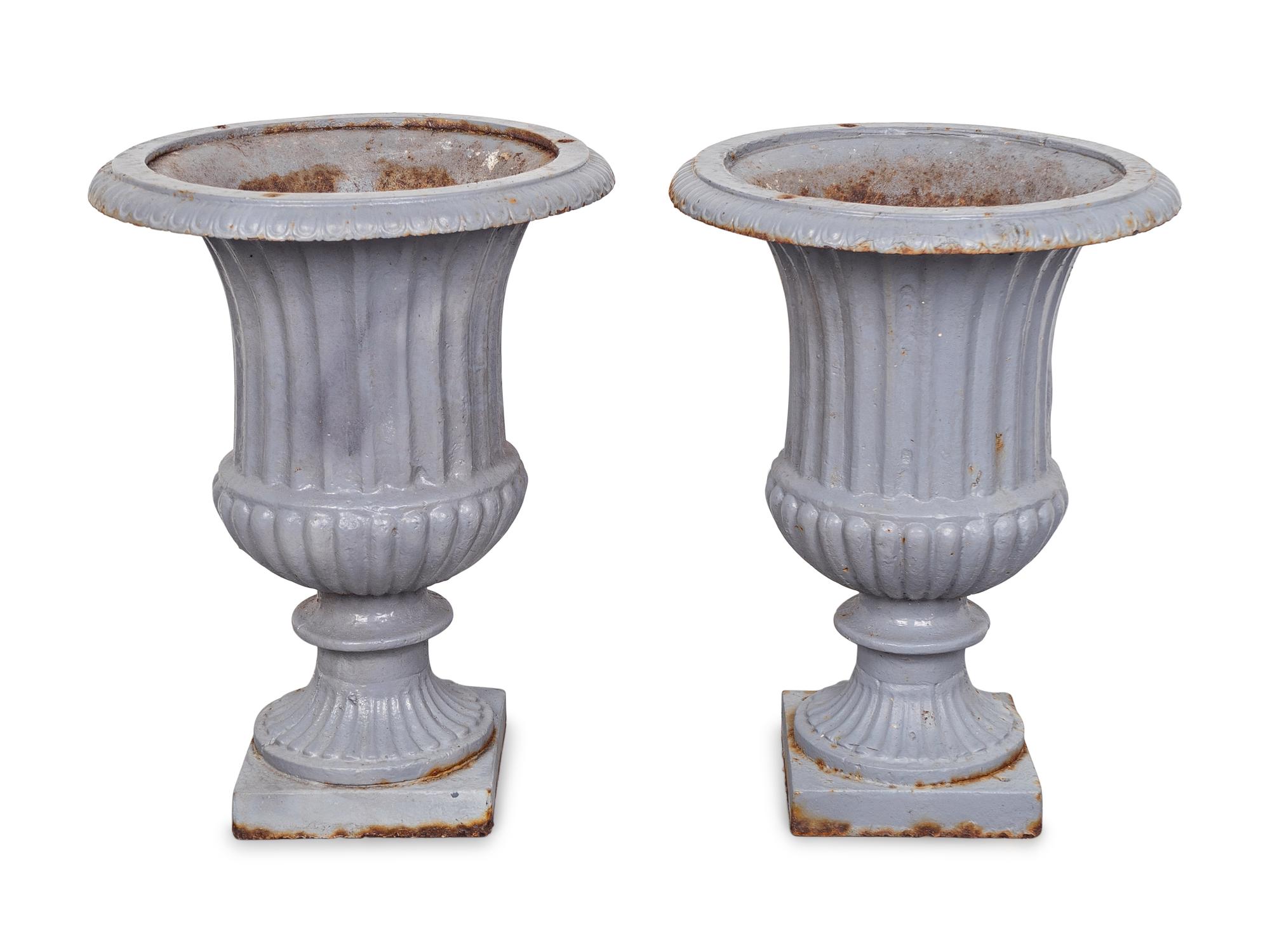 A Pair of Grey Painted Cast Iron Campana-form Garden Urns — 20TH CENTURY