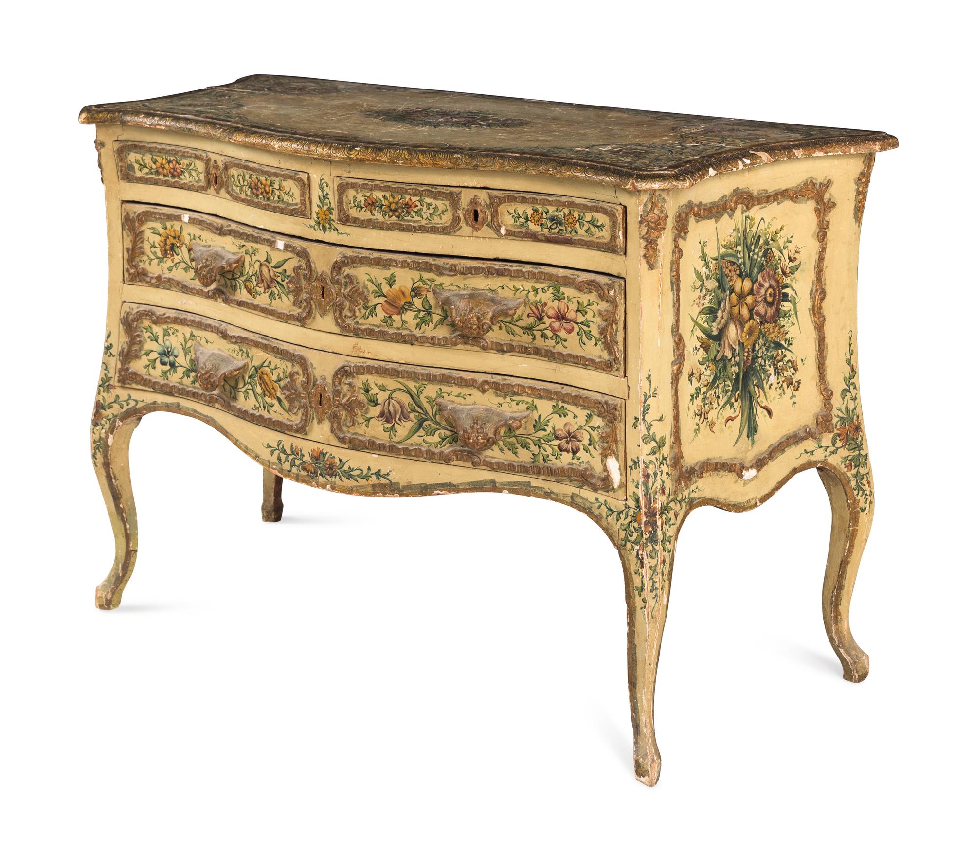 A Venetian Rococo Polychrome Decorated and Parcel-Gilt Commode
