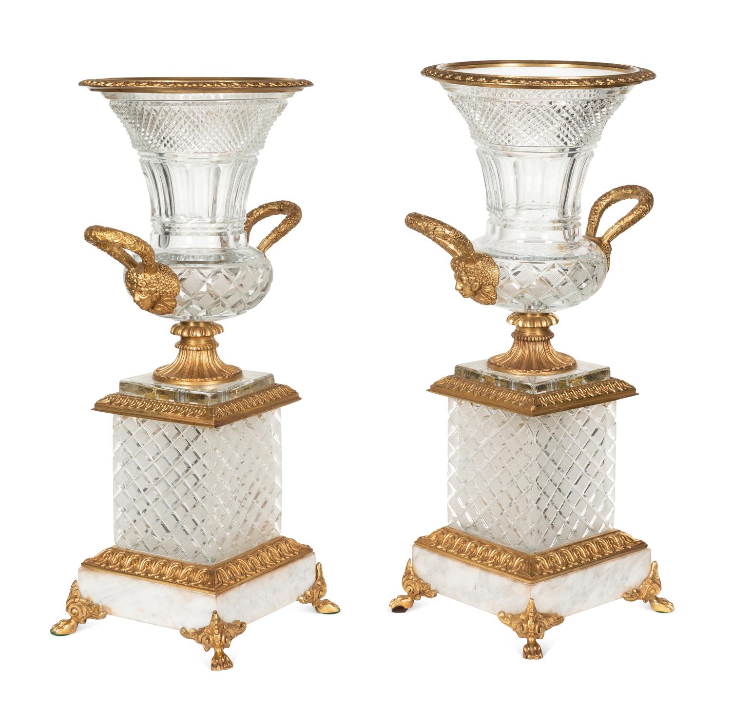 A Pair of Empire Style Gilt Bronze Mounted Cut Glass Urns