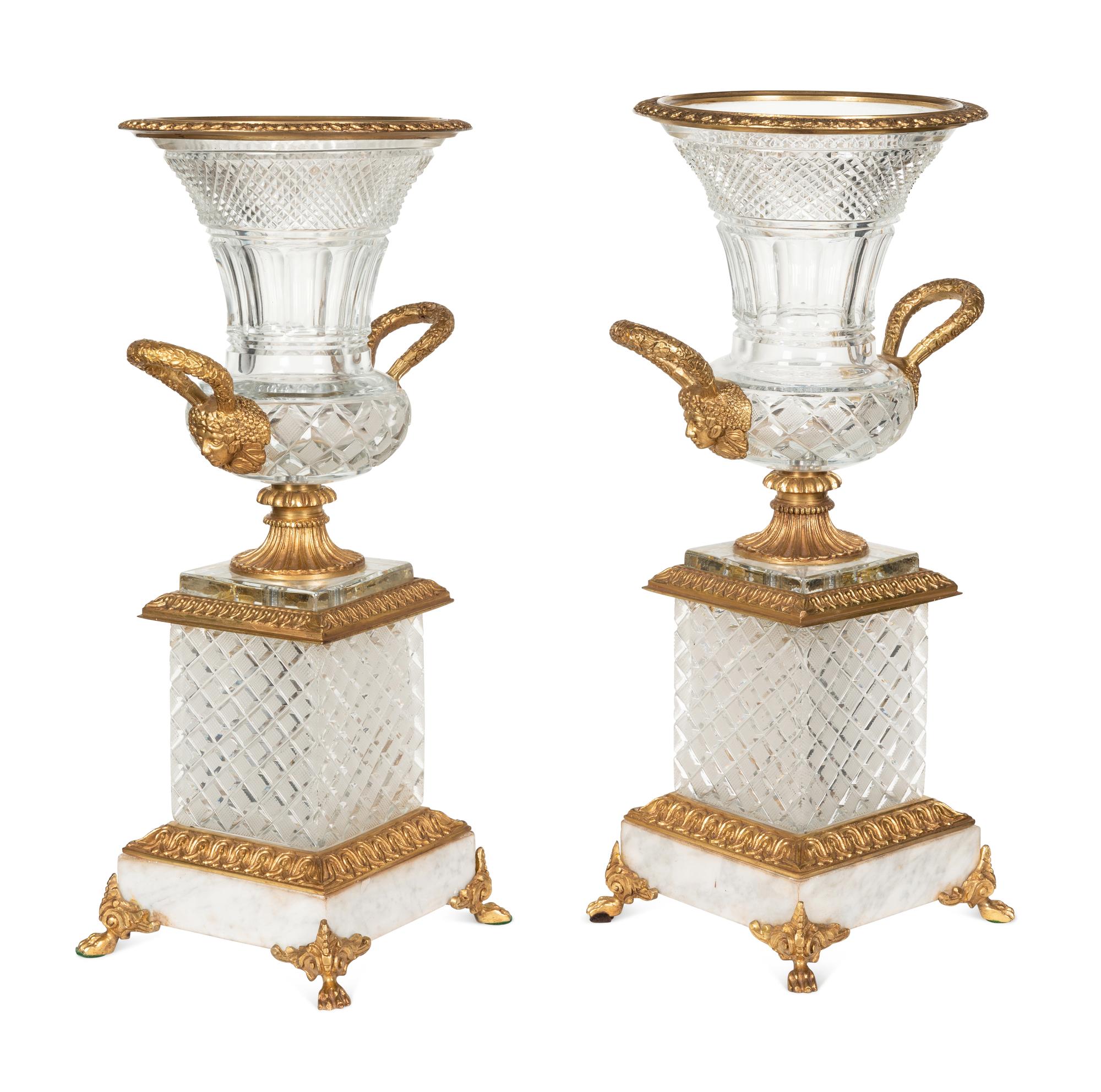 A Pair of Empire Style Gilt Bronze Mounted Cut Glass Urns