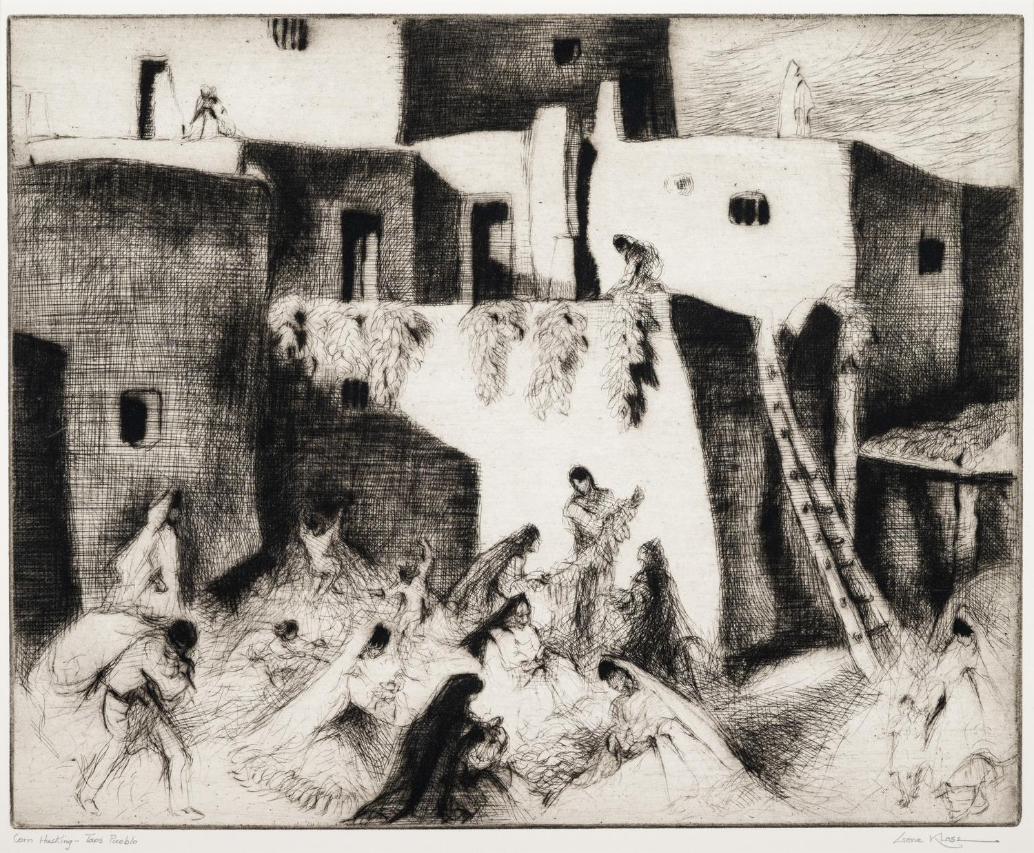 A group of three prints ( Corn Husking - Taos Pueblo; Saint's Day Processional; Gift Bearing at Dawn)