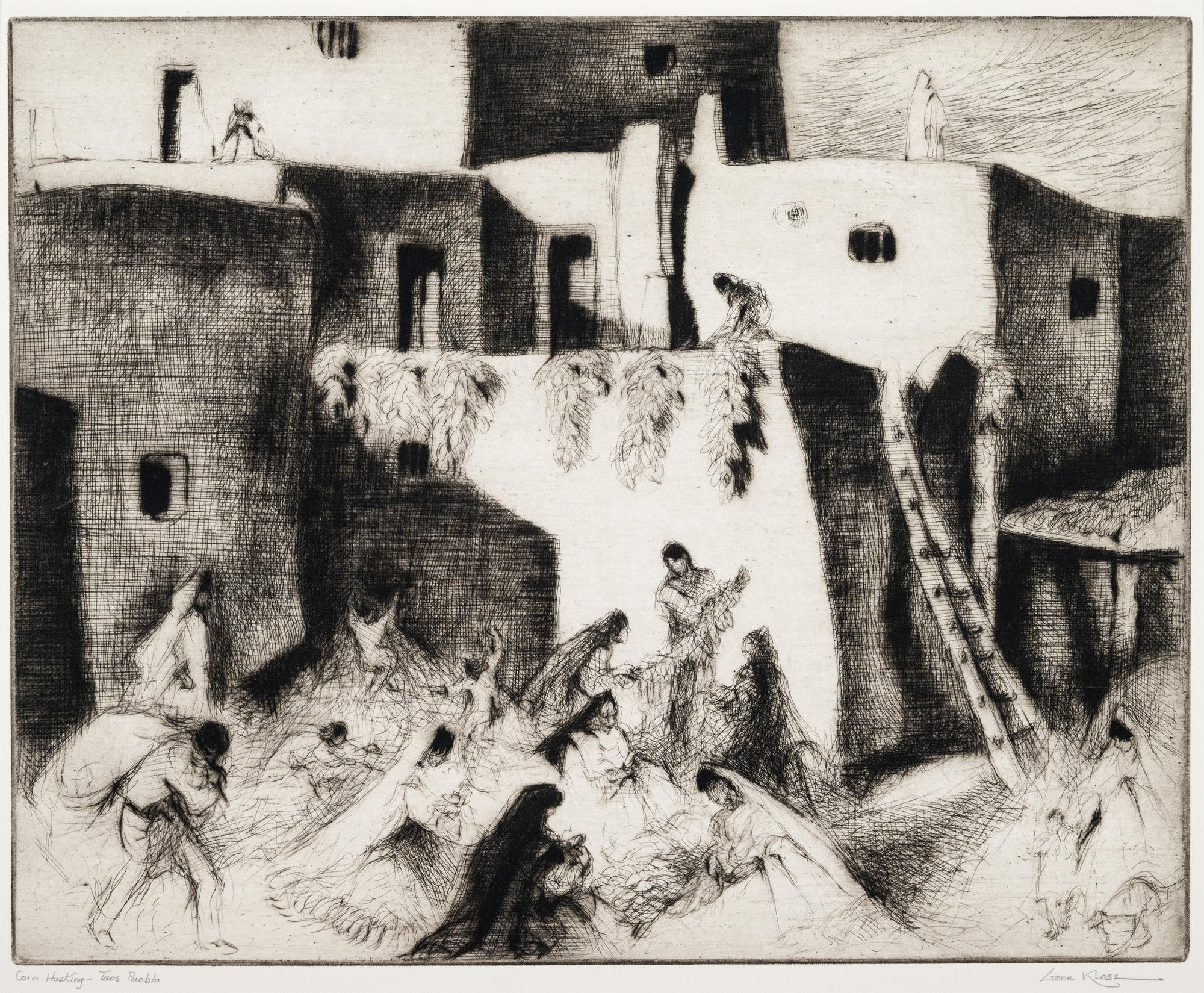 A group of three prints ( Corn Husking - Taos Pueblo; Saint's Day Processional; Gift Bearing at Dawn)