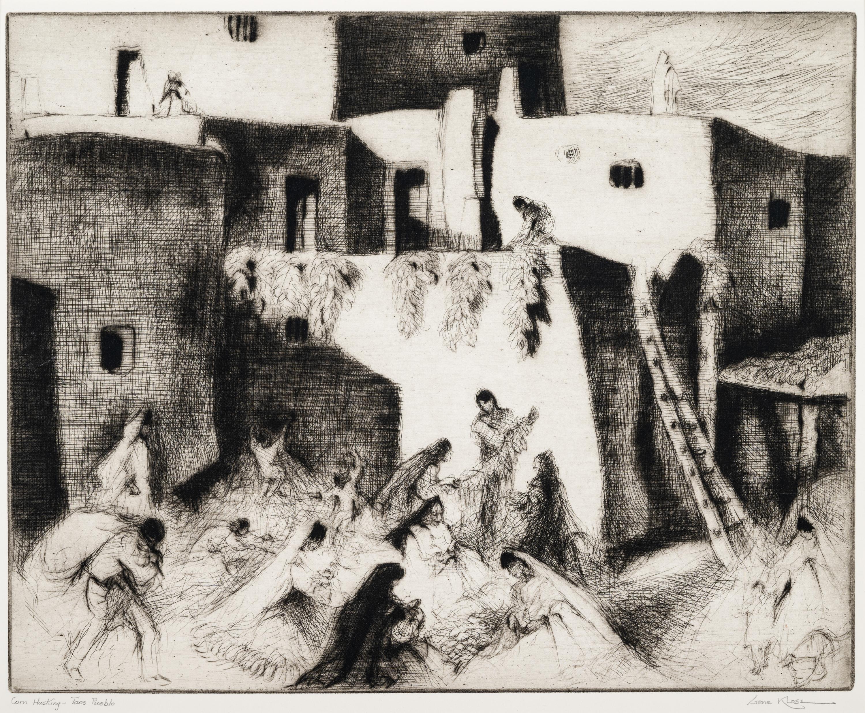 A group of three prints ( Corn Husking - Taos Pueblo; Saint's Day Processional; Gift Bearing at Dawn)