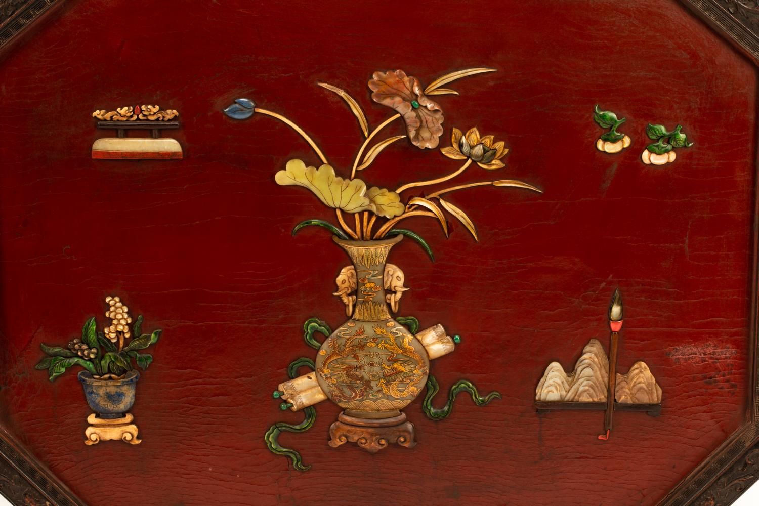 A Pair of Chinese Hardstone Inlaid Lacquer Wall Panels