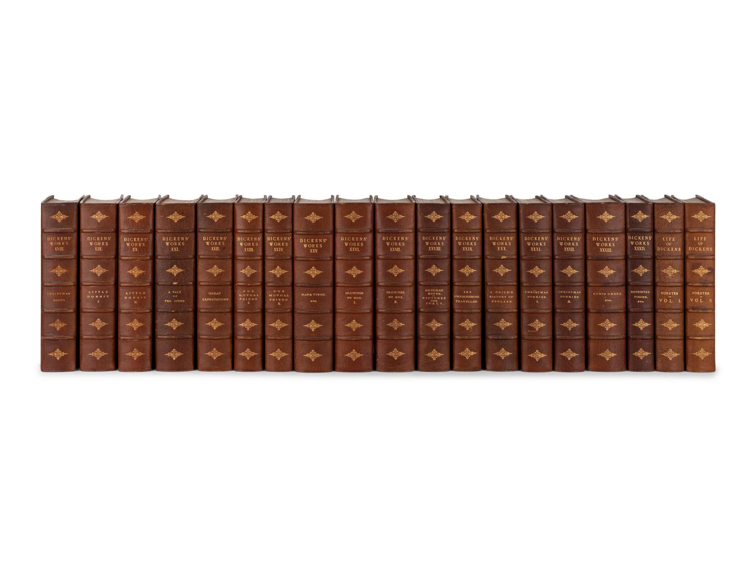 DICKENS, Charles (1812-1870). The Works of Charles Dickens. Andrew Lang, editor. 34 volumes. [ Uniformly bound with :] FORSTER, John (1812-1876). The Life of Charles Dickens. 2 volumes. London & New York: Chapman & Hall, Ld. & Charles Scribner's Sons, [1897-1899], 1904.