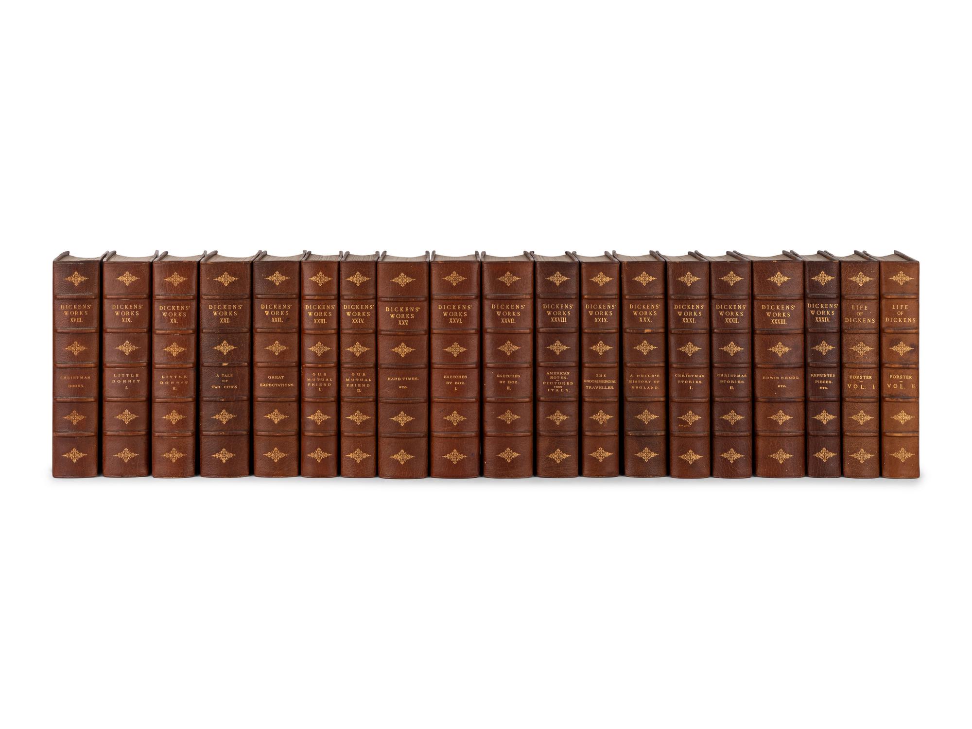DICKENS, Charles (1812-1870). The Works of Charles Dickens. Andrew Lang, editor. 34 volumes. [ Uniformly bound with :] FORSTER, John (1812-1876). The Life of Charles Dickens. 2 volumes. London & New York: Chapman & Hall, Ld. & Charles Scribner's Sons, [1897-1899], 1904.