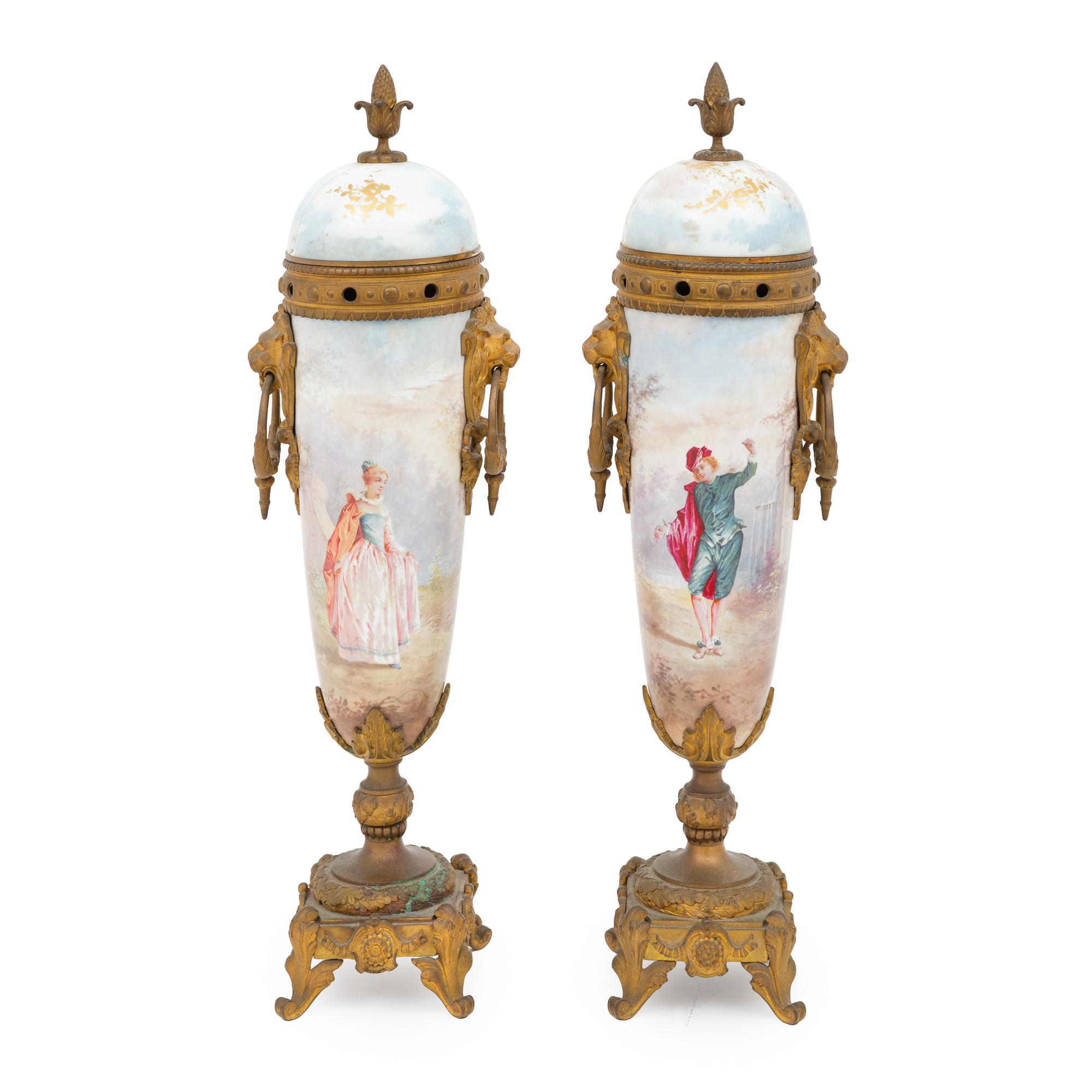 A Pair of Sèvres Style Porcelain and Gilt Bronze Mounted Potpourri Urns