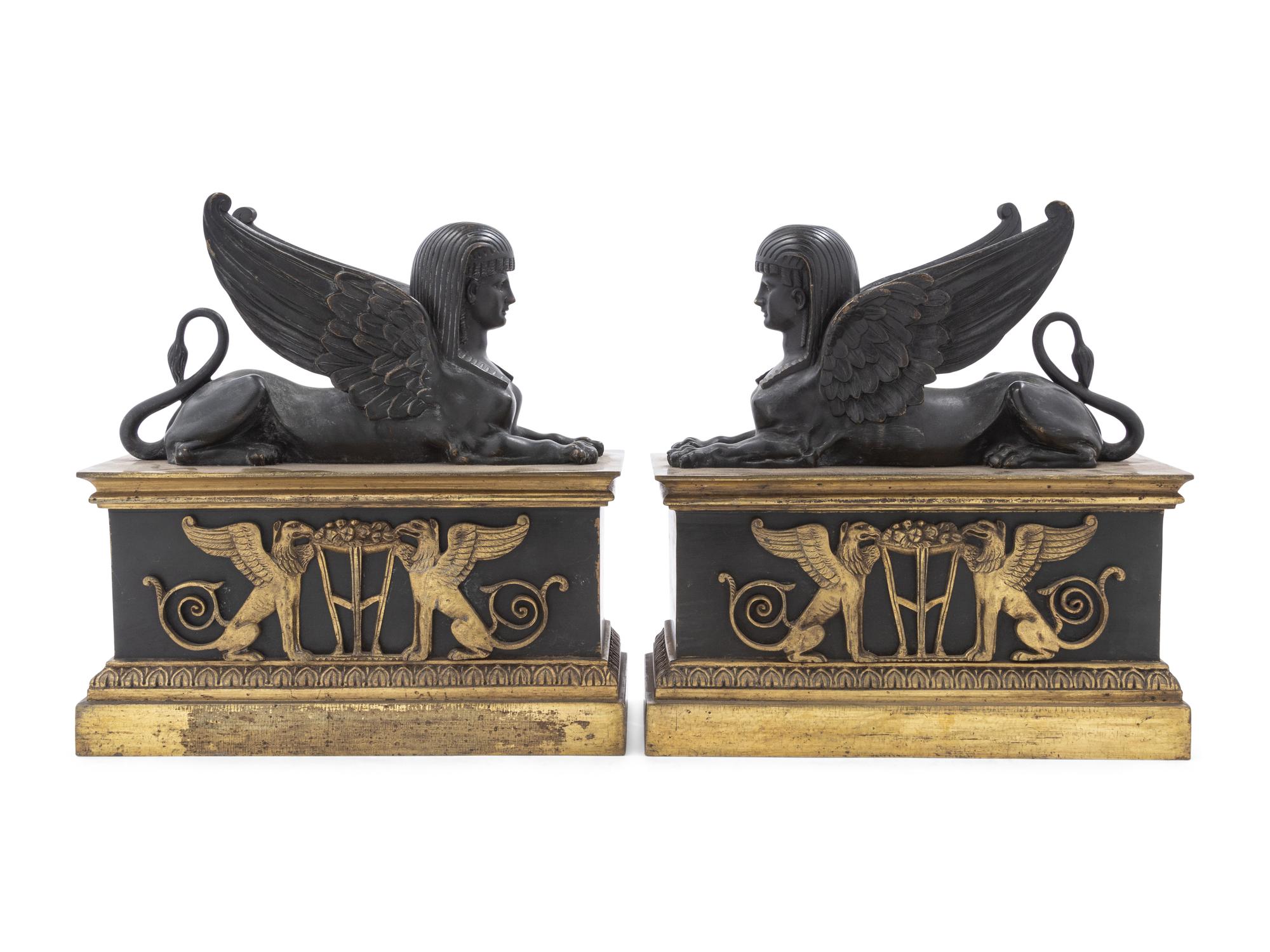 A Pair of Empire Gilt and Patinated Bronze Sphinx Ornaments