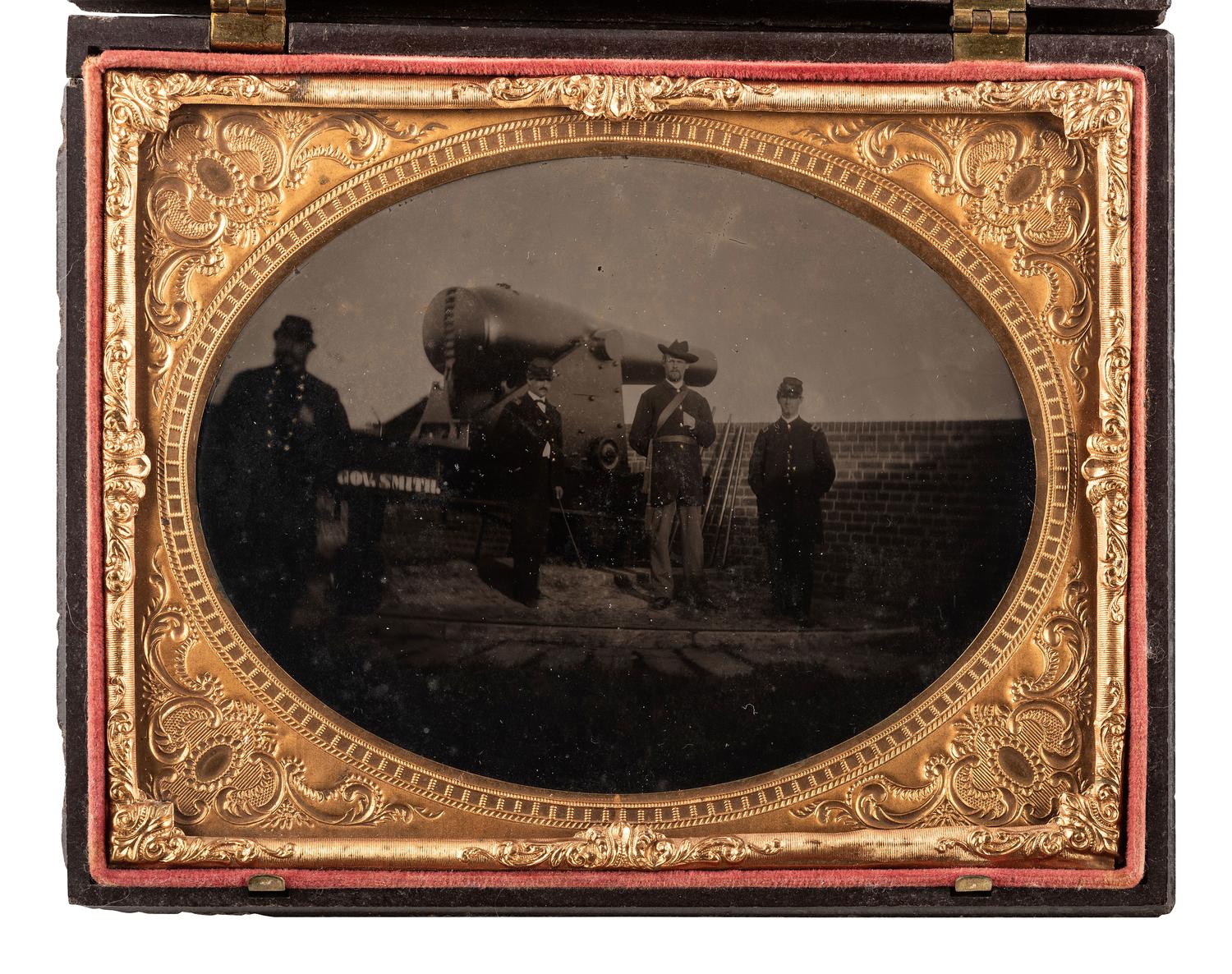 [CIVIL WAR]. Half plate tintype featuring Union officers posed with a Rodman Gun.