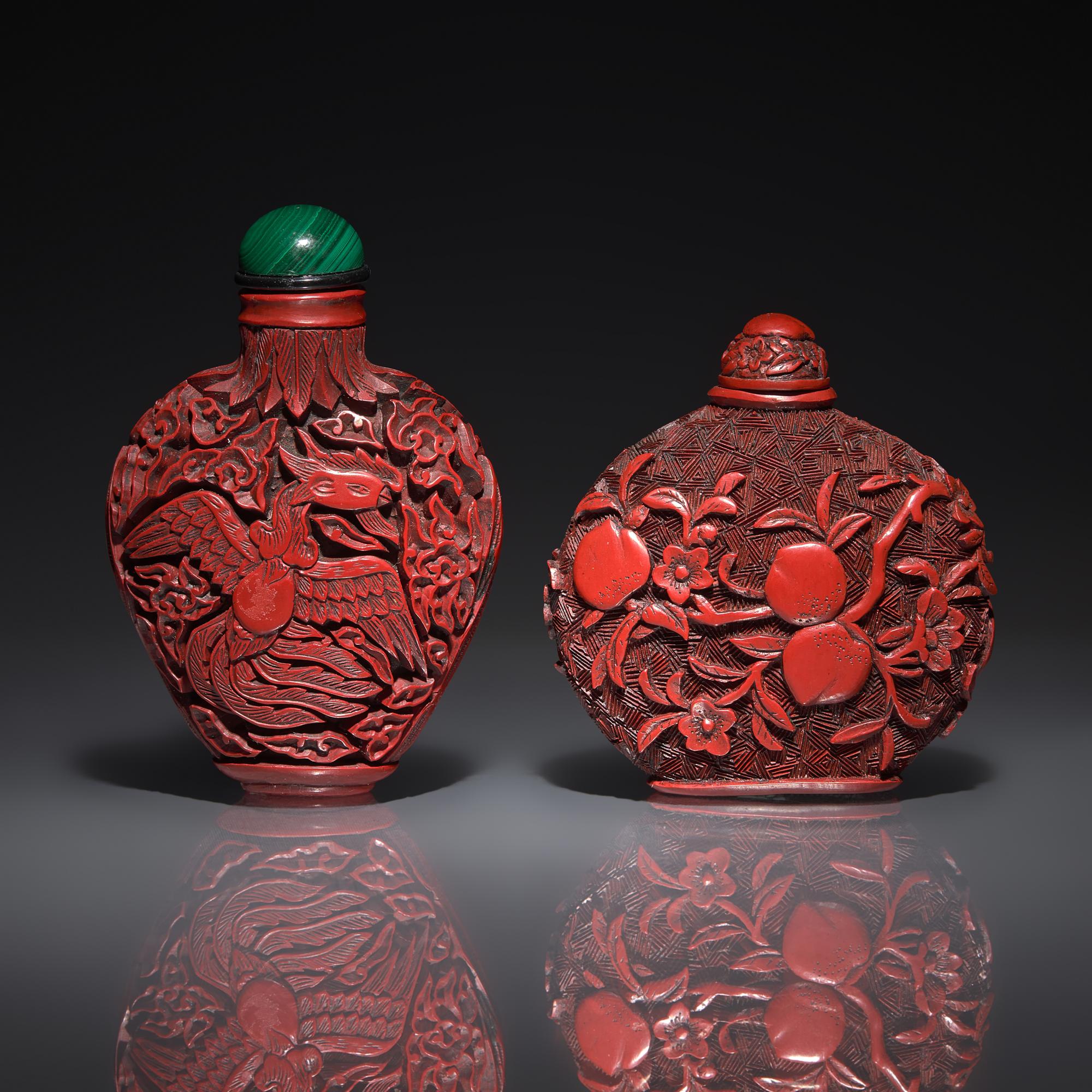 Two Chinese Cinnabar Lacquer Snuff Bottles, 18th Century — 清中期 剔紅鼻烟壺兩支