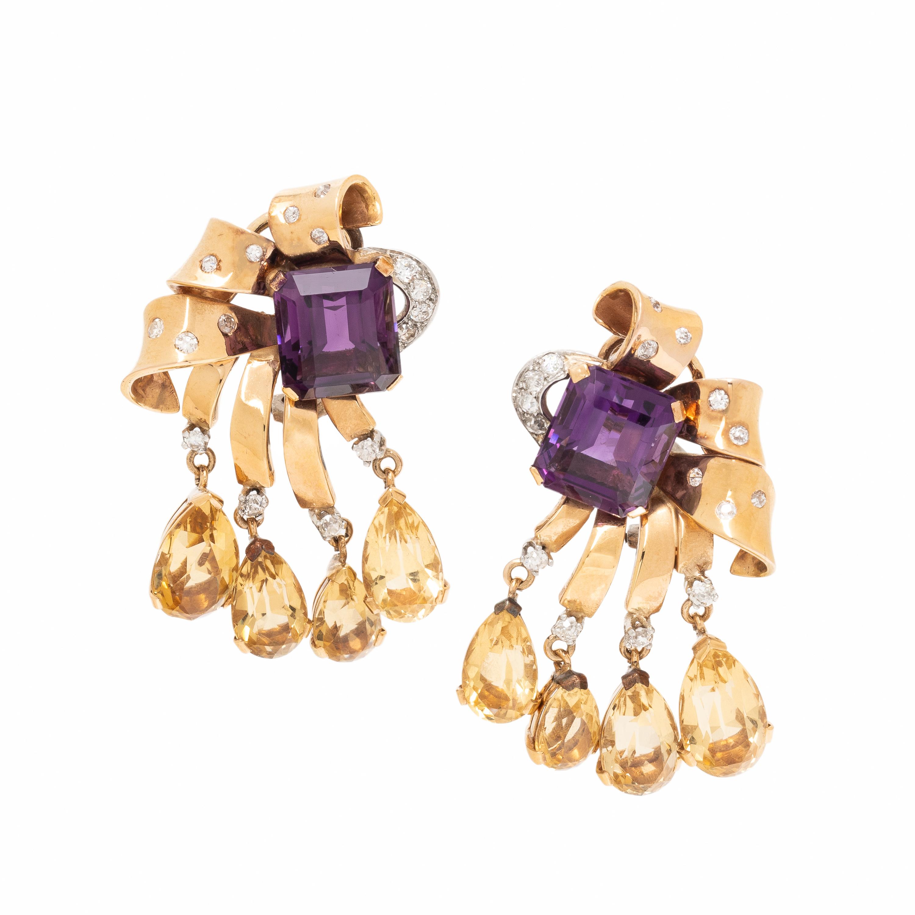 Retro, Amethyst, Citrine, Diamond, and Rose Gold Earrings