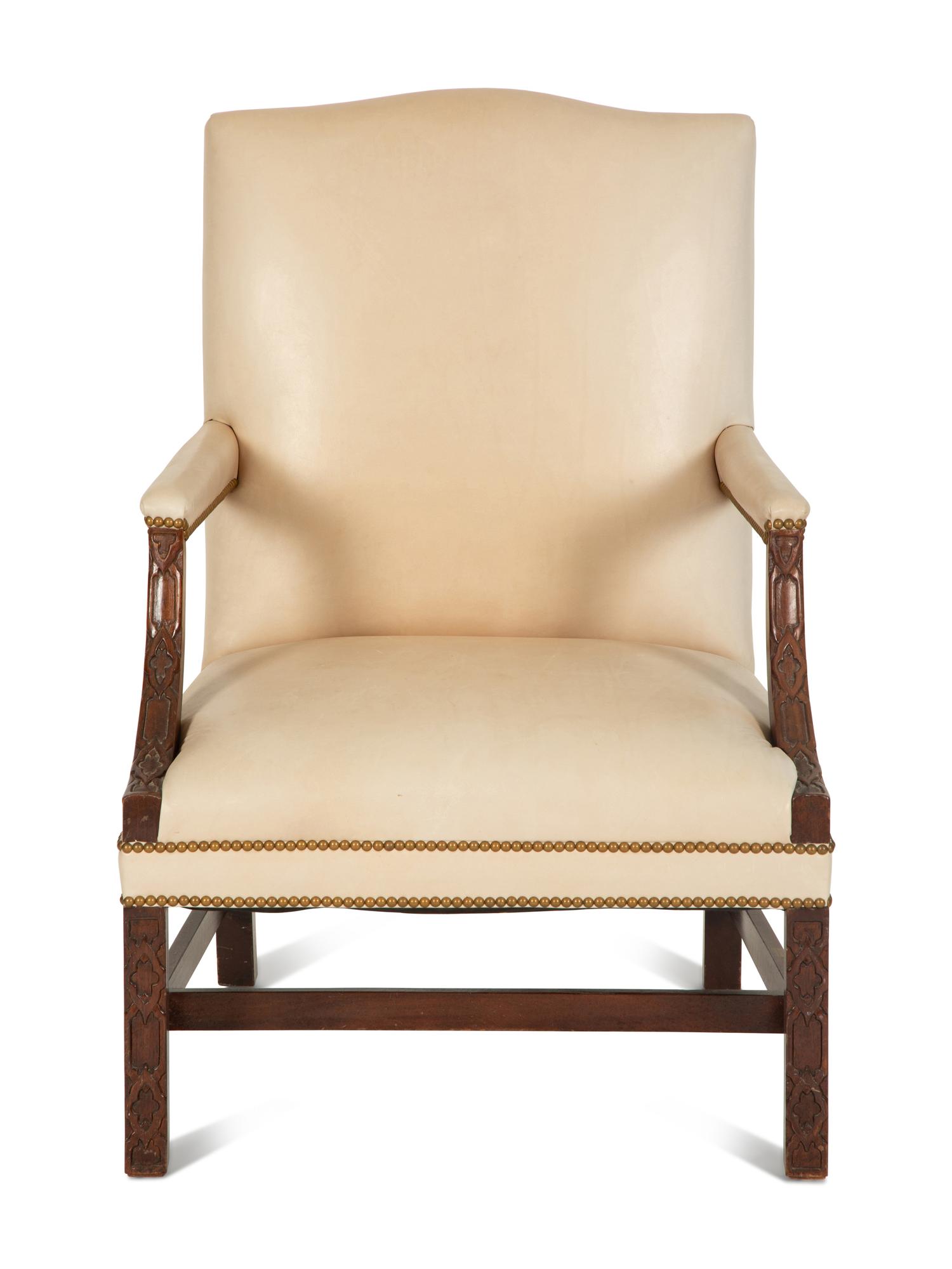 A George II Style Mahogany White Leather Upholstered Library Chair — 20th Century