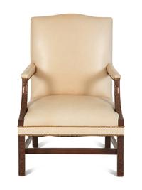 A George II Style Mahogany White Leather Upholstered Library Chair — 20th Century