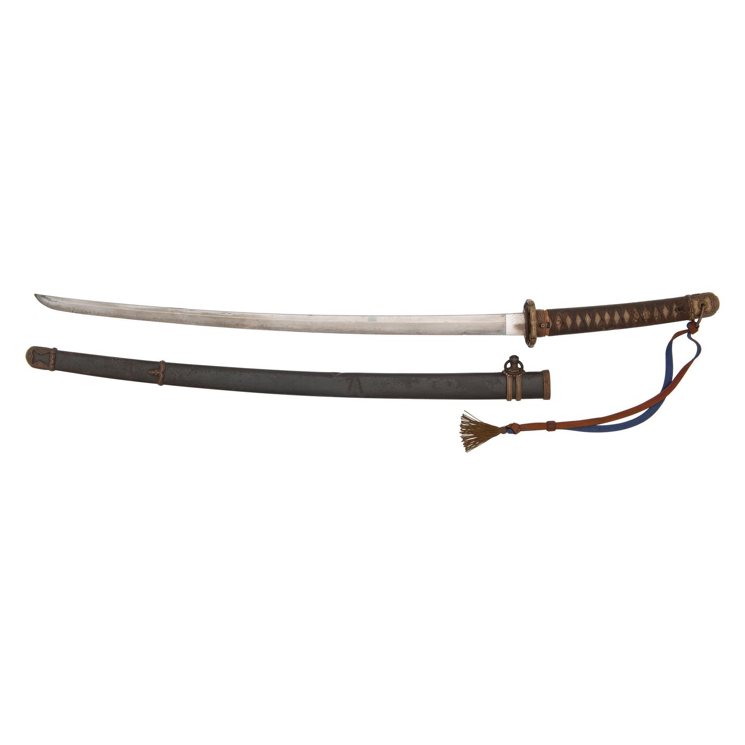 Signed WWII Japanese Shin Gunto with Edo-Period Blade, Family Mon, and Company Officer's Sageo