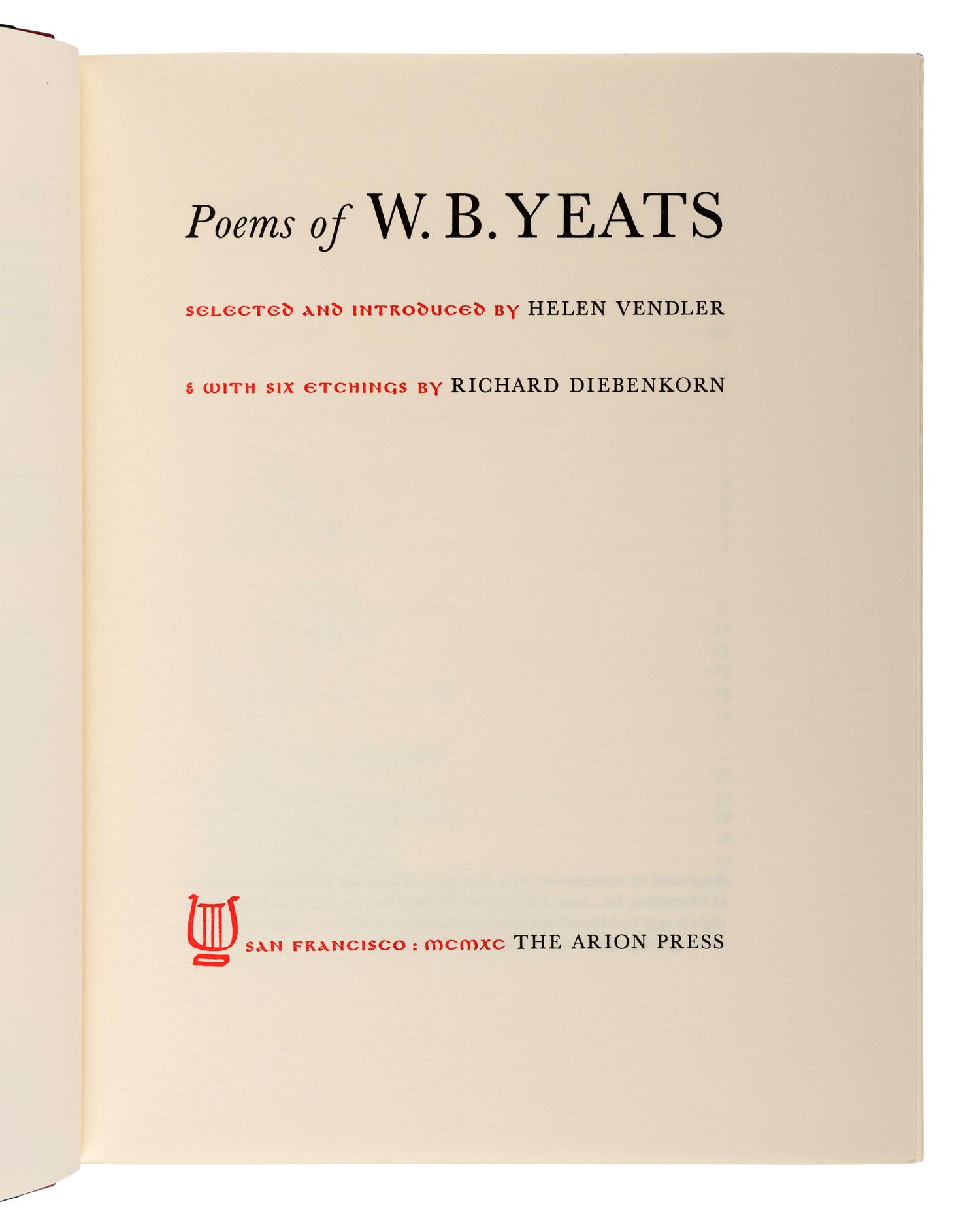 [ARION PRESS]. YEATS, William Butler (1865-1939). Poems . Richard DIEBENKORN (1922-1993), illustrator. San Francisco: The Arion Press, 1990.