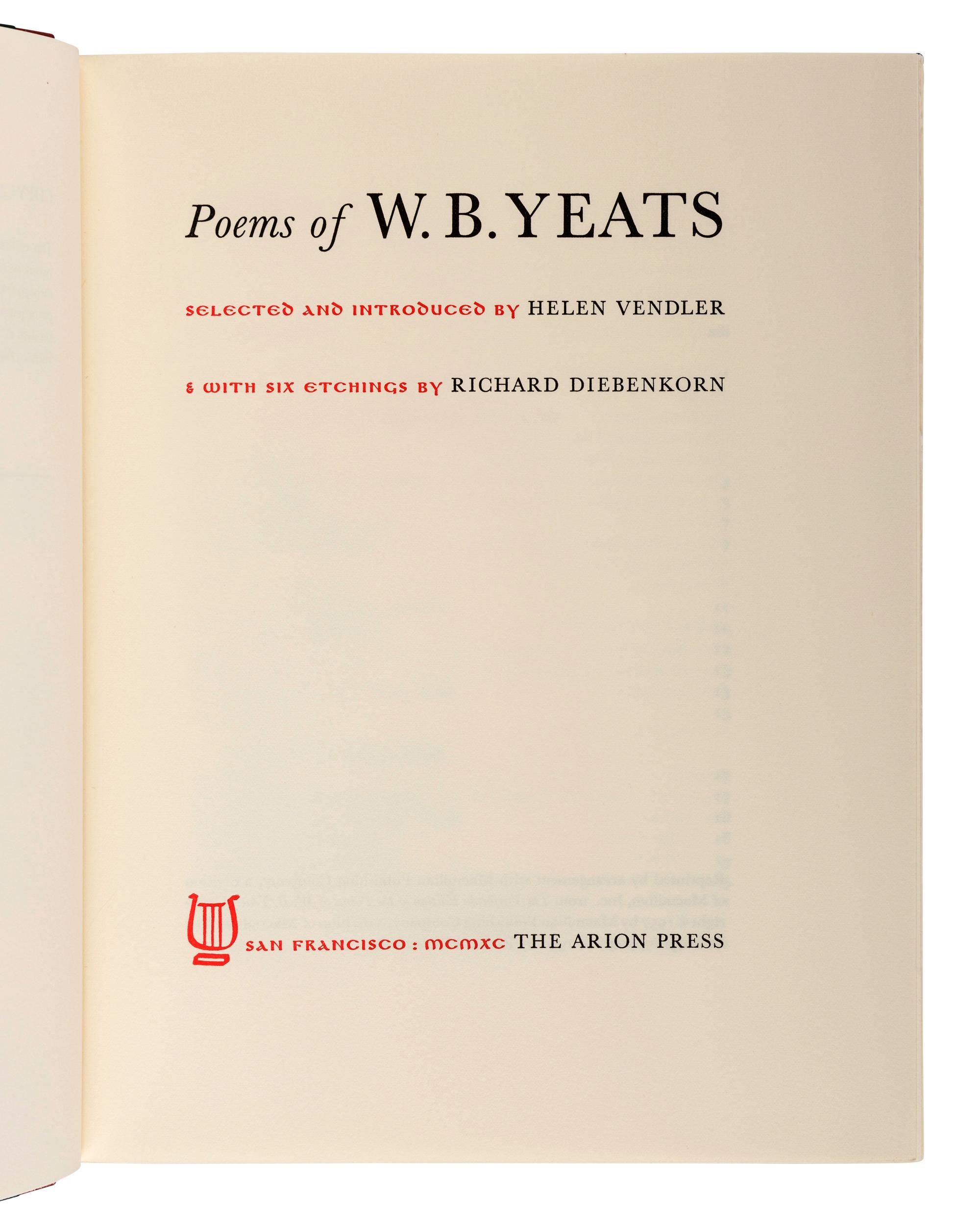 [ARION PRESS]. YEATS, William Butler (1865-1939). Poems . Richard DIEBENKORN (1922-1993), illustrator. San Francisco: The Arion Press, 1990.