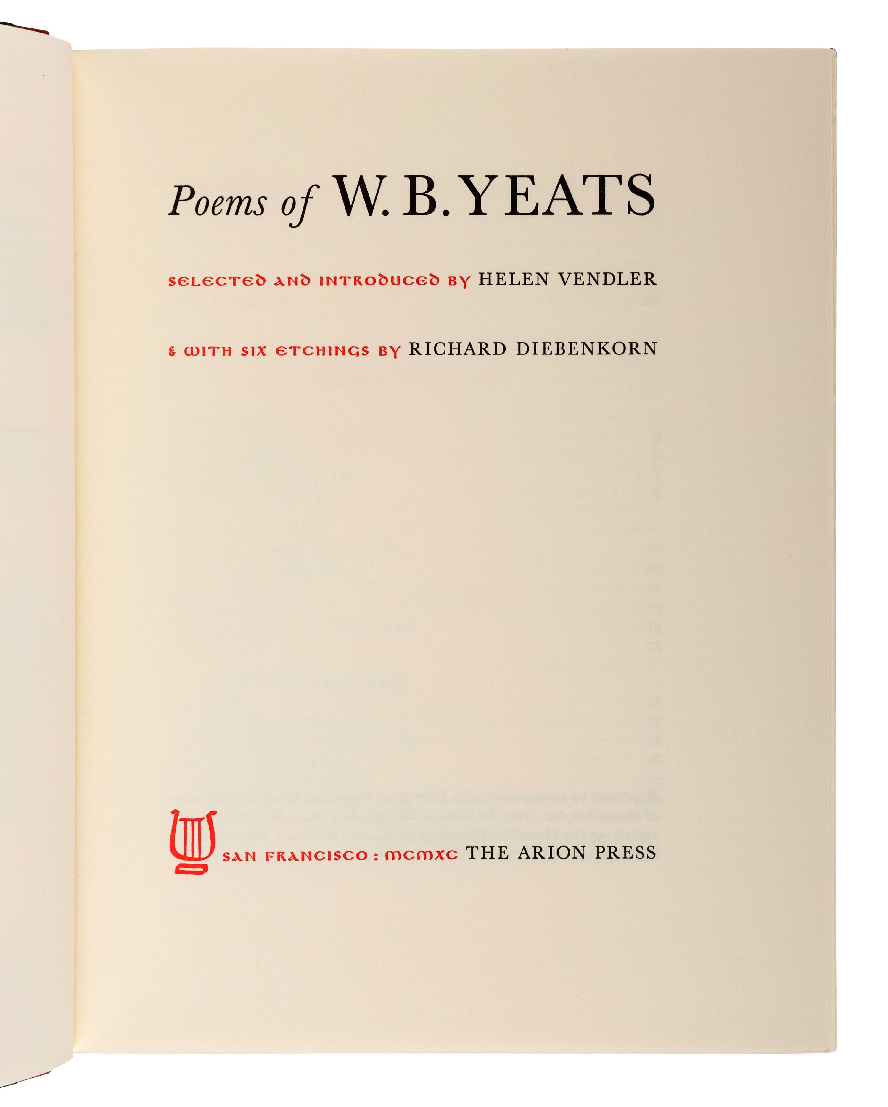 [ARION PRESS]. YEATS, William Butler (1865-1939). Poems . Richard DIEBENKORN (1922-1993), illustrator. San Francisco: The Arion Press, 1990.