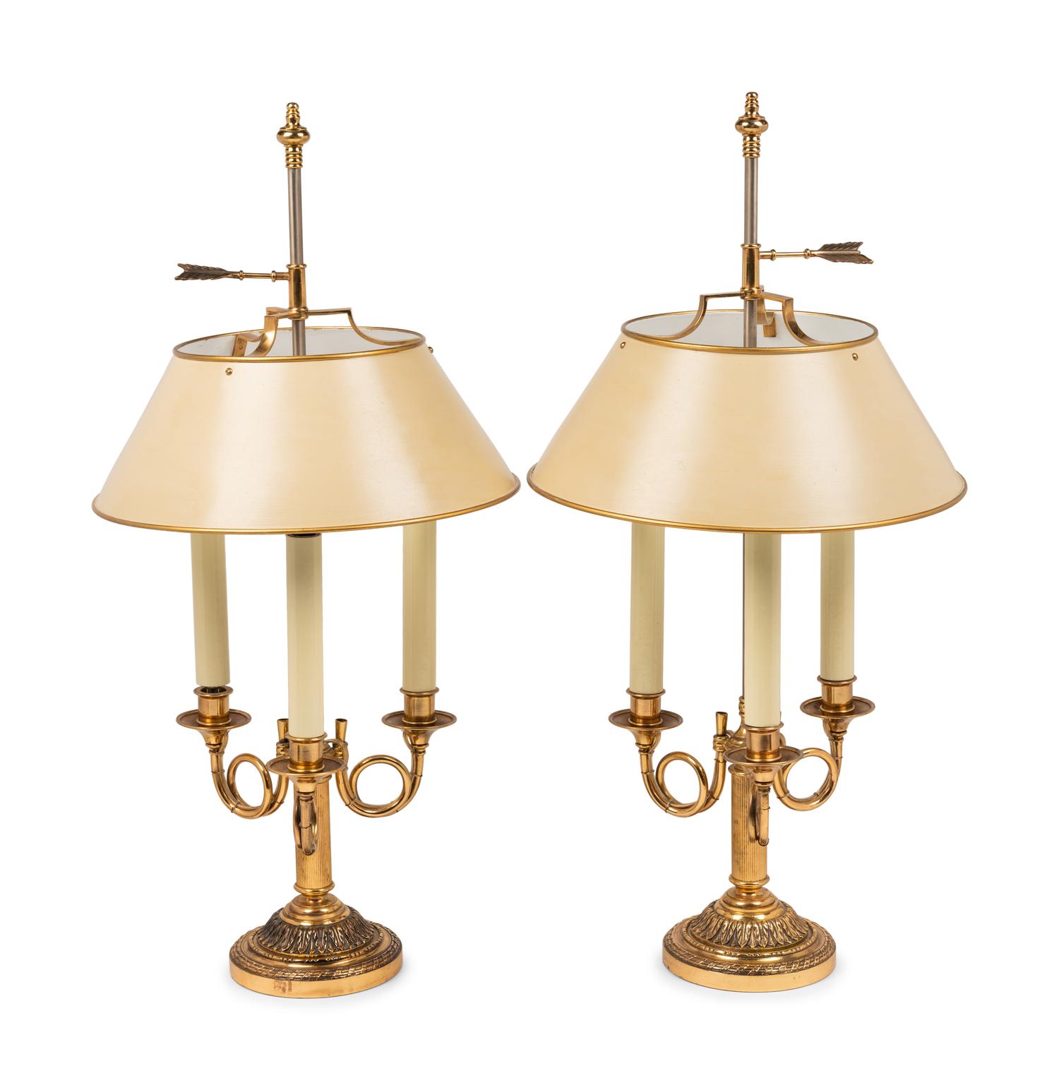 A Pair of Gilt Metal and Tôle Bouillotte Lamps