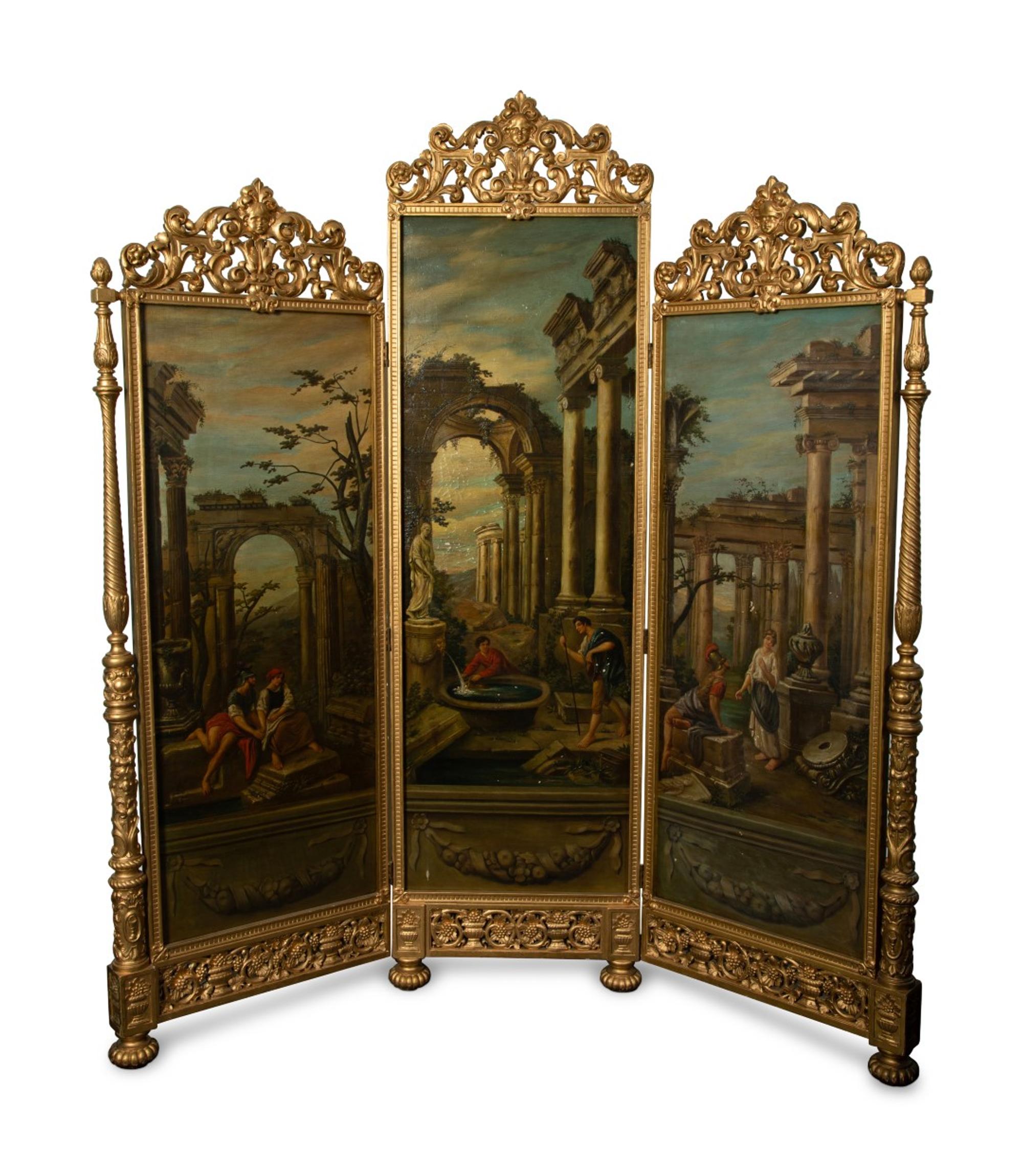 A Continental Three-Panel Painted Canvas Floor Screen — 19TH CENTURY