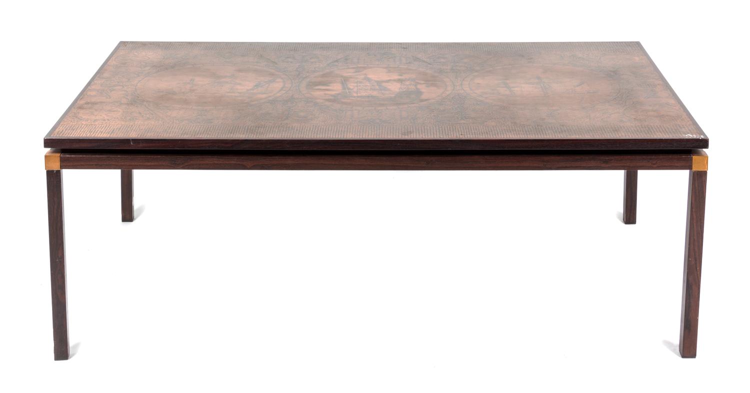 A Danish Copper and Rosewood Low Table Height 19 1/2 x width 55 1/4 x depth 31 inches.