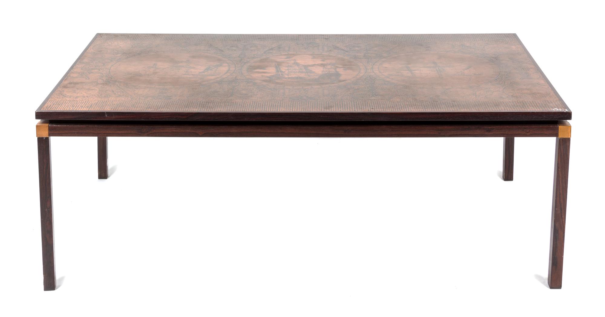 A Danish Copper and Rosewood Low Table Height 19 1/2 x width 55 1/4 x depth 31 inches.