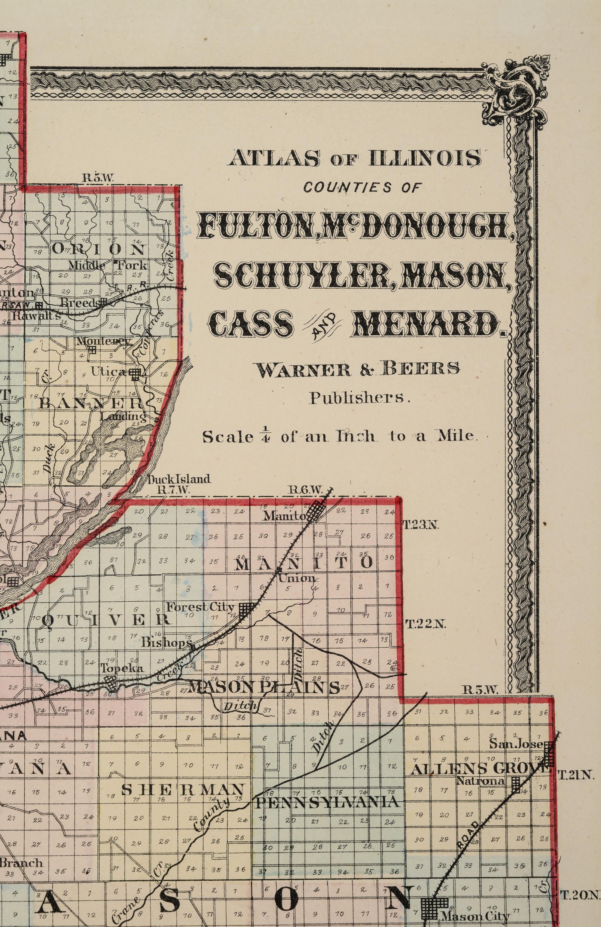 Atlas of Illinois : Counties of Fulton, McDonough, Schuyler, Mason, Cass, and Menard . Chicago: Warner & Beers, N.d. Plate 37. 23 ¼ x 26 ¼ in. Matted and framed.
