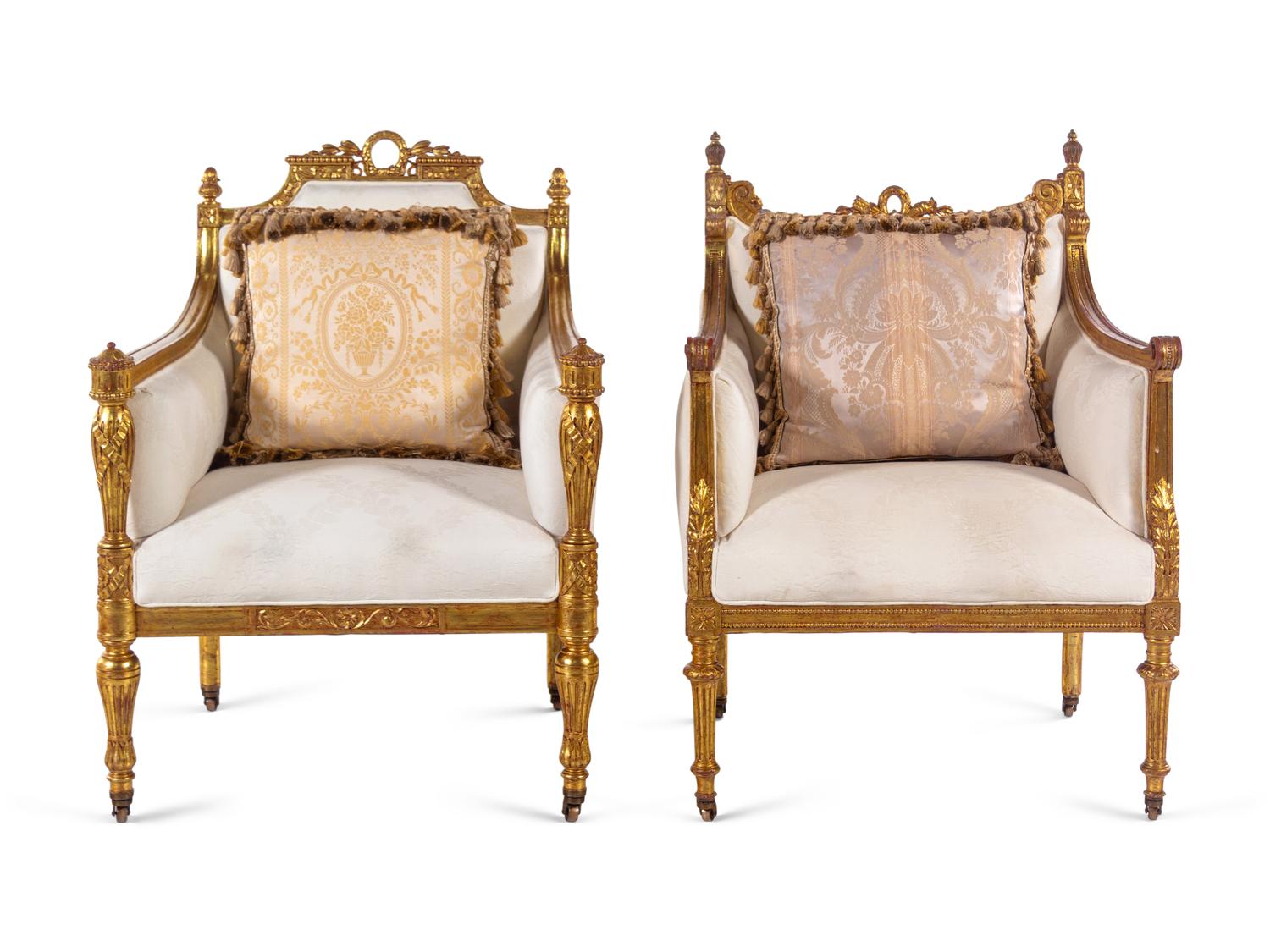 Two Louis XVI Style Carved Giltwood Bergères