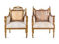 Two Louis XVI Style Carved Giltwood Bergères