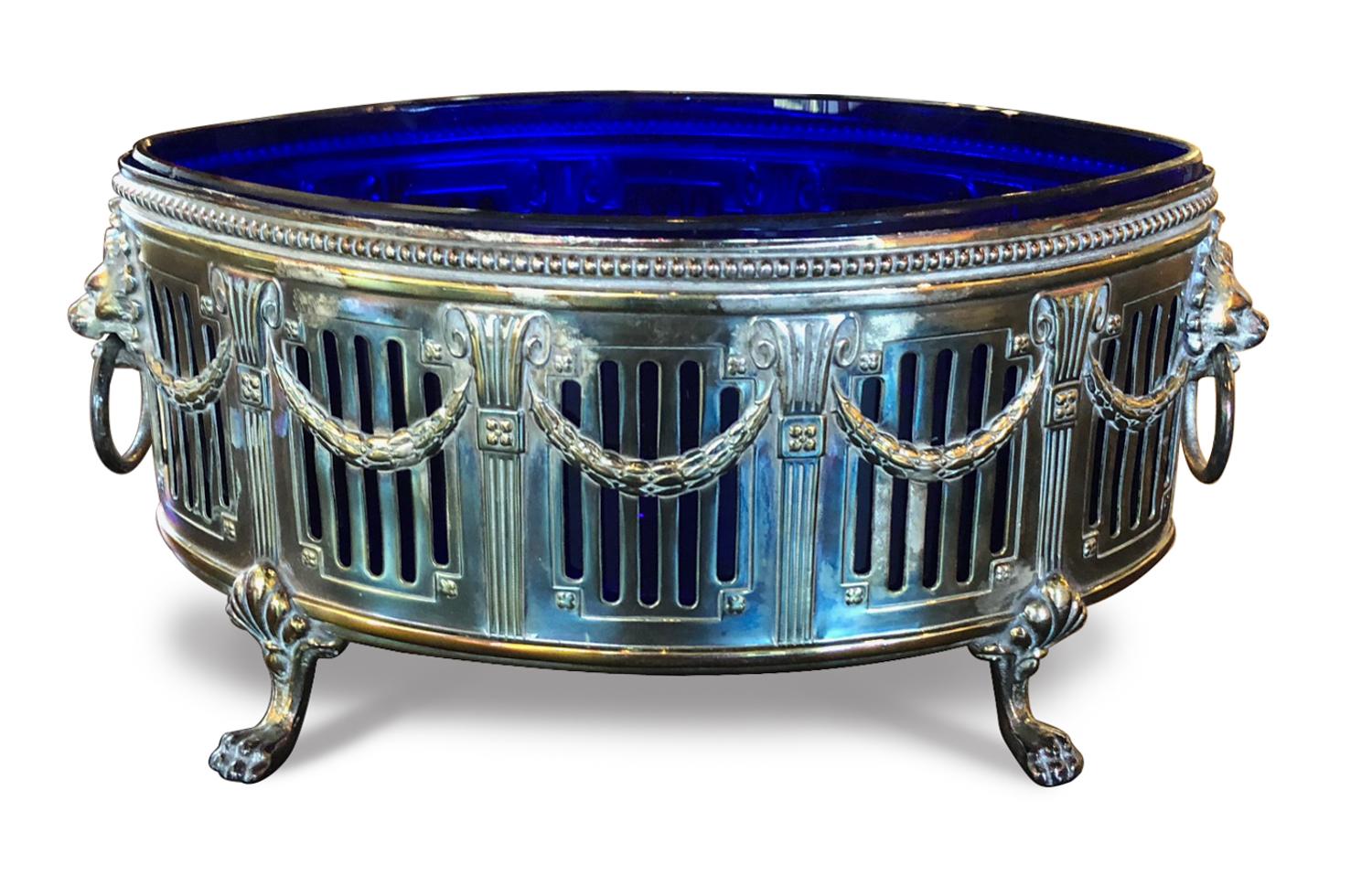 A Neoclassical Style Silver Plate Footed Dish with Cobalt Glass Liner